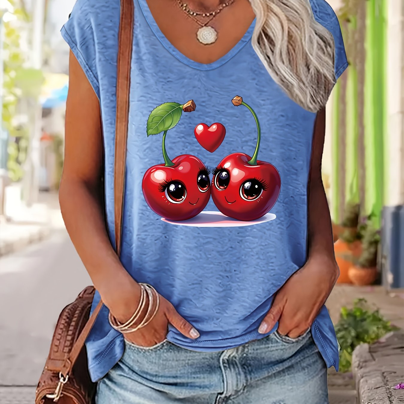 TEMU Plus Size, Cute Cherry Couple Heart Print Design Women's V-neck Tank Top T-shirt Casual Sleeveless Shirt, Regular Length, Lightweight Stretchy