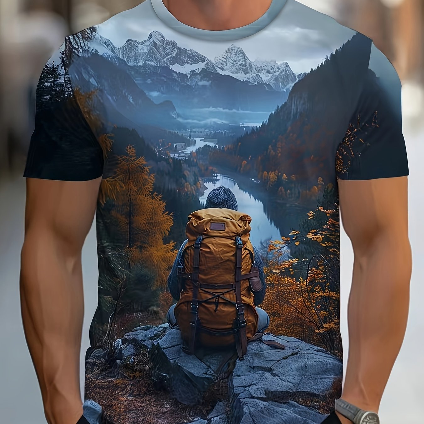 TEMU Men's Lightweight Breathable Polyester Short Sleeve T-shirt With Full-body Mountain Hiking Print & Autumn Landscape Design - Suitable For ,