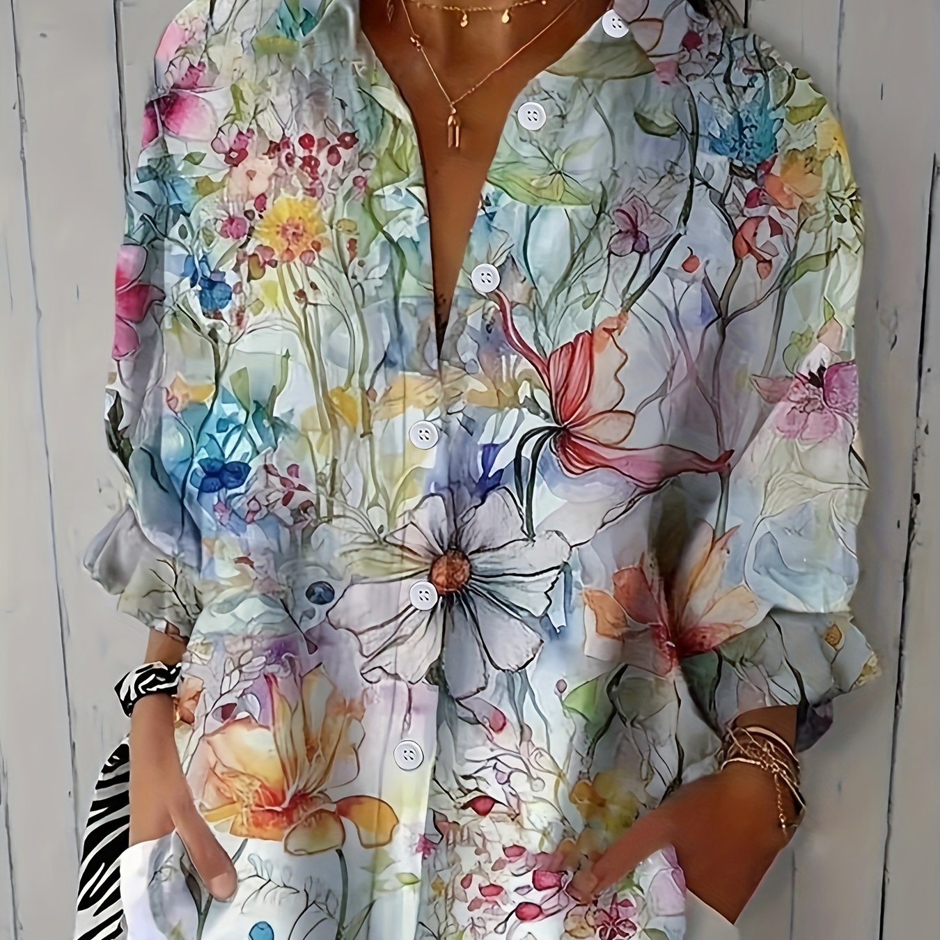E-shop Retro Bedrucktes Minimalistisches Hemd, Lässiges Langarmhemd mit Knopfleiste, Damen Frühling/Sommer