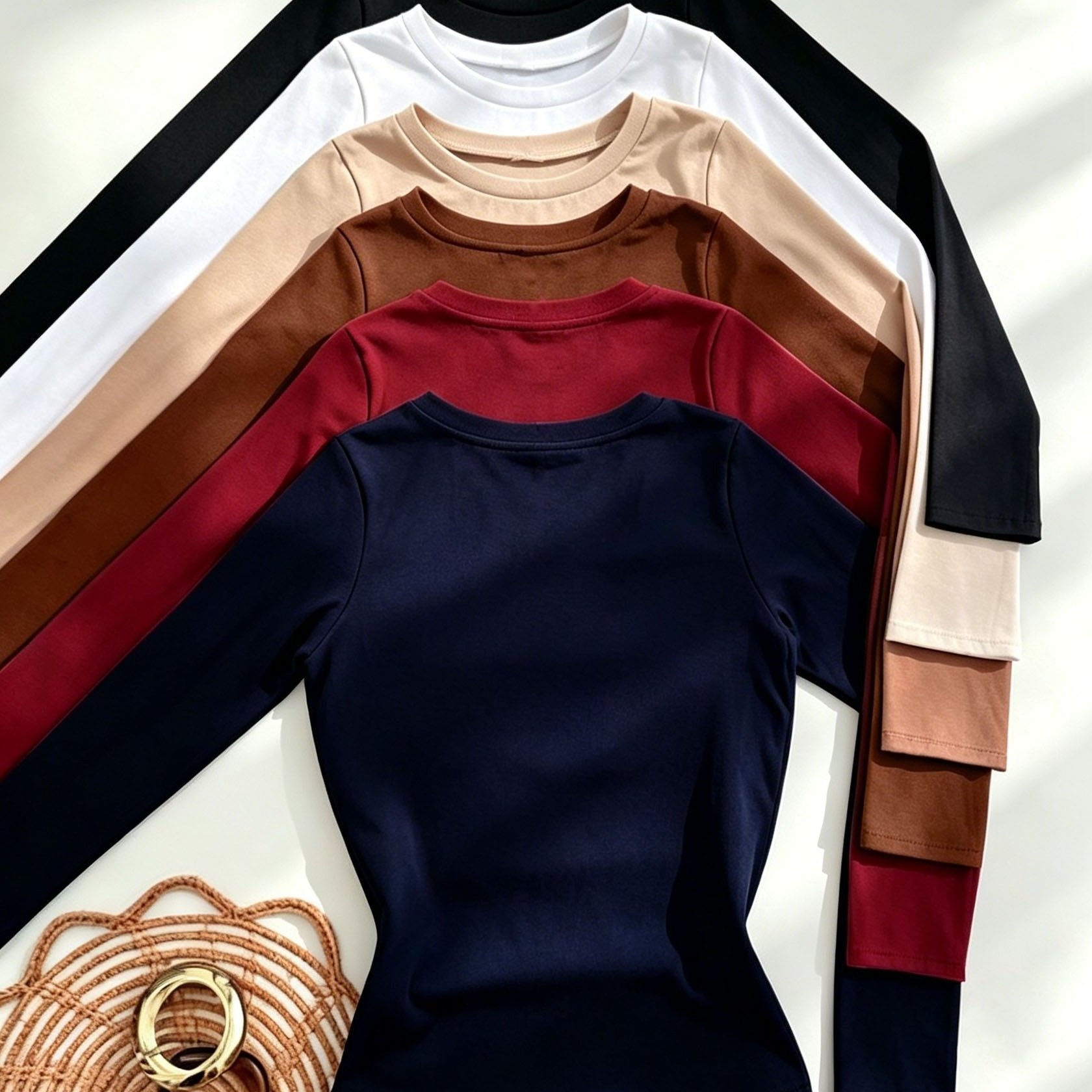 TEMU Autumn/winter Women's Set: Round Neck Slim-fit Long-sleeve Top, High-stretch Casual Base Layer, Versatile Inner Wear, 6pcs Set
