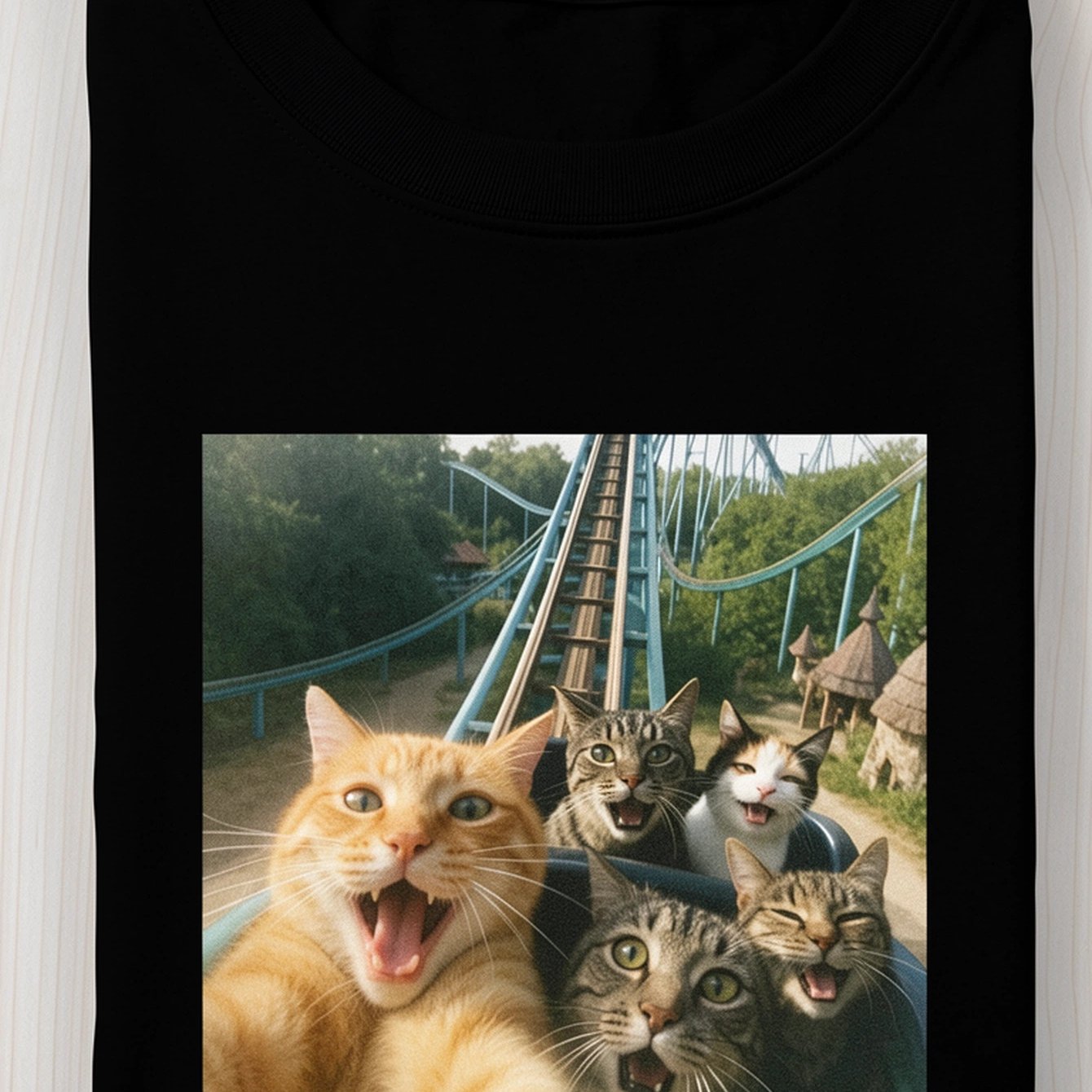 230g Retro Washed Craft Round Neck T-shirt | Fun Coaster Cat Pattern, Unisex Basic Short Sleeve, Distressed Texture, Street Style, Machine Washable, Giftable