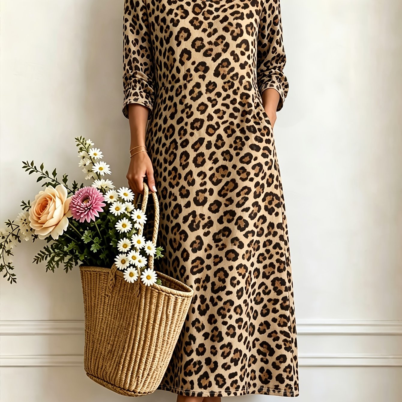 Image of Women's Autumn Dress Retro Leopard Print V-neck Tie Pocket Straight Long Skirt Casual Lazy Style Comfortable Casual Versatile Travel Dating Casual Wear