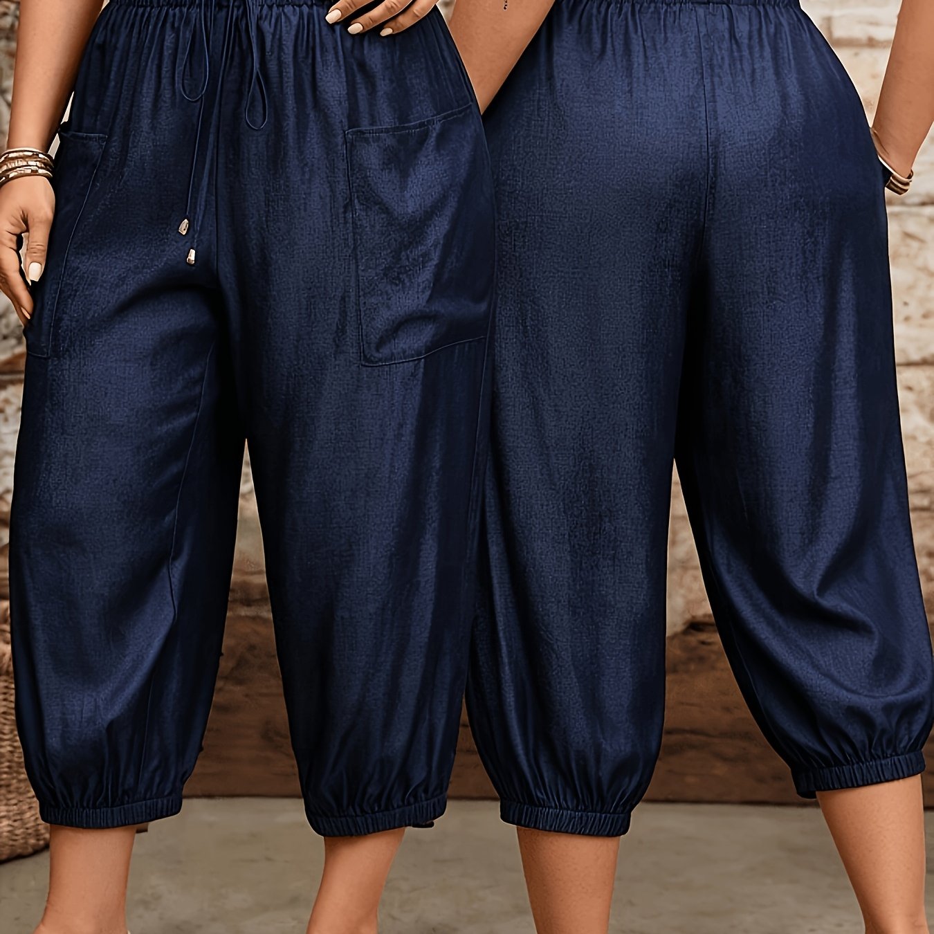 TEMU Plus Size, Navy Blue Casual Drawstring Waistband Pants With Large Side Pockets, Plus Size