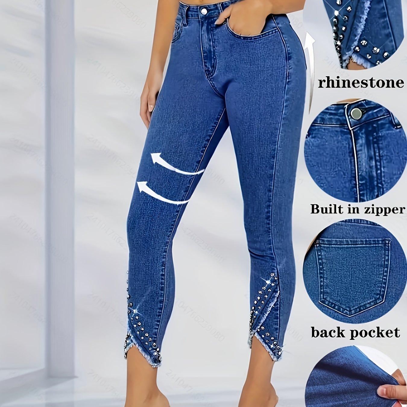 Image of Casual Women's Frayed Denim Ankle Pants With Rhinestones, Stretchy Long Jeans