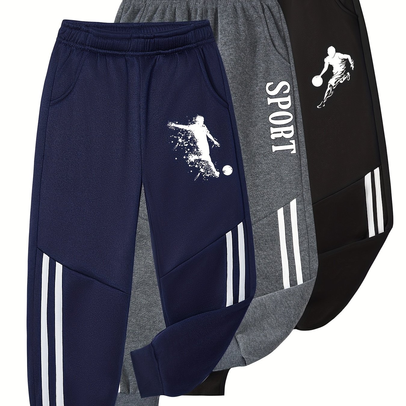 TEMU 3pcs Boys' Spring/autumn Long Pants, Halloween Christmas Back-to- Sports Trousers With Individual Athlete Letter Print, Striped Design With