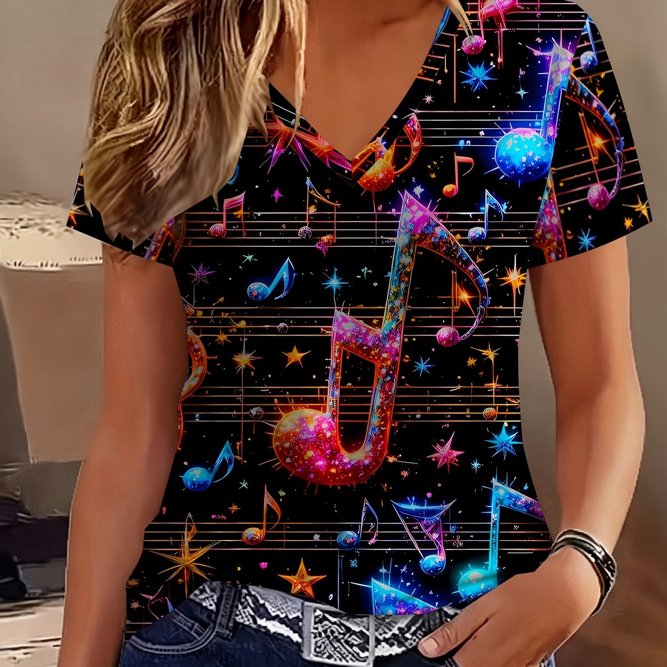 TEMU Women's Glitter Music Note & Staff T-shirt - Short Sleeve Summer Tee With Treble Clef & Staff Lines, Casual Non- Top Suitable For Music Lovers,