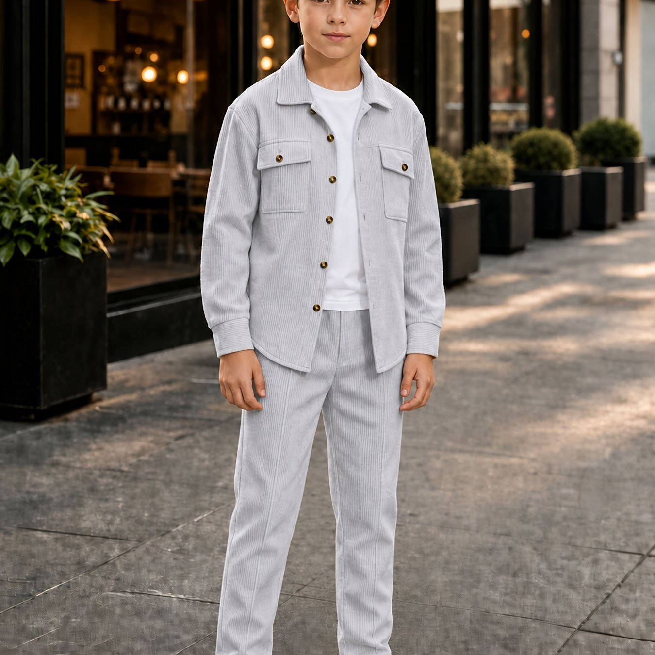 TEMU Jungen 2-teiliges Cord-Set mit vertikalen Streifen: Arbeitsjacke mit Revers für Frühling/Herbst . Mit Vintage-Knöpfen doppelter Brusttasche. Der