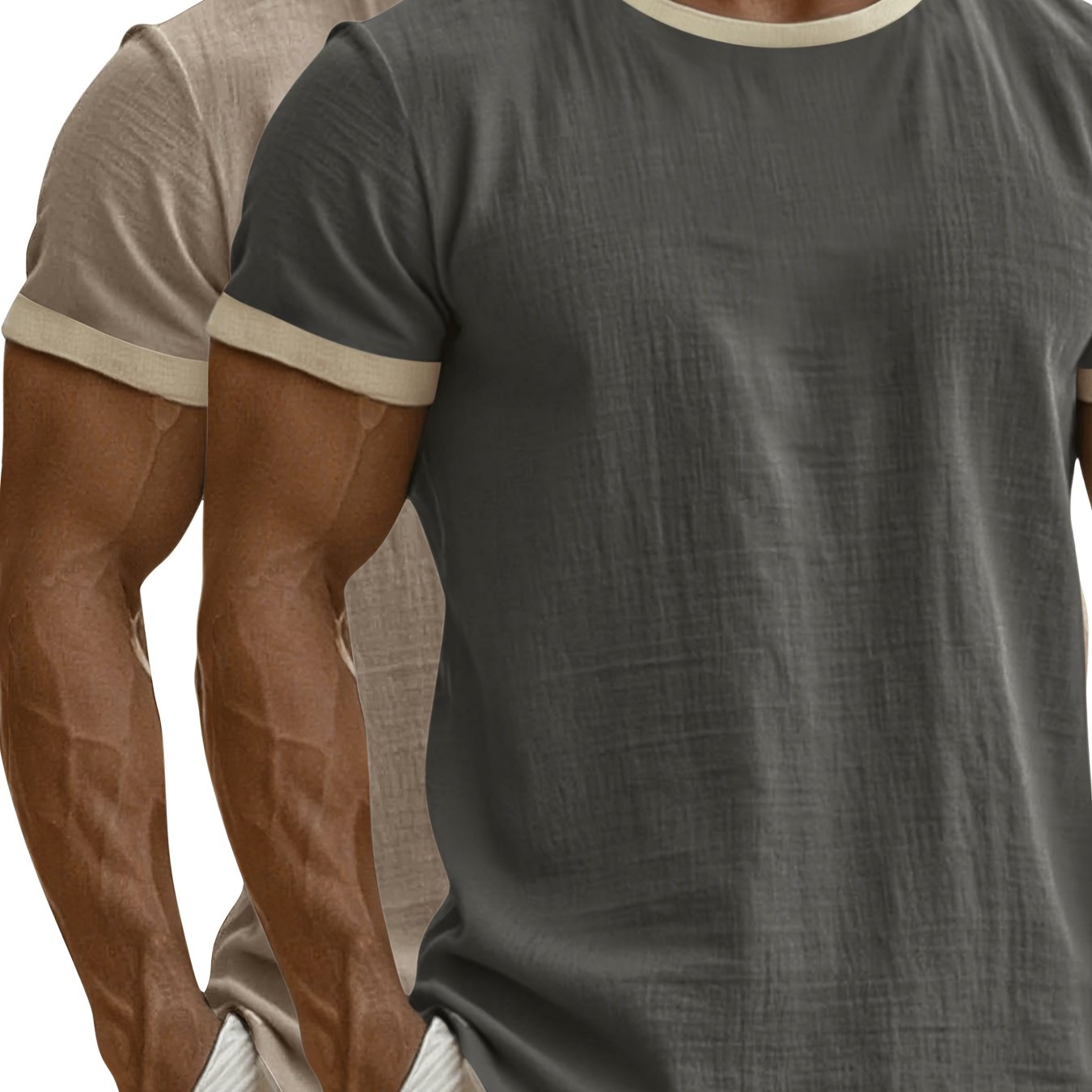 Image of 2pcs Men's Linen Casual Short-sleeve T-shirts With Contrasting Trim, Summer Men's Henley Neck T-shirt, Color-block Casual Short Sleeve, Sports Workout Tee Basic Tshirt Breathable Beach Shirts