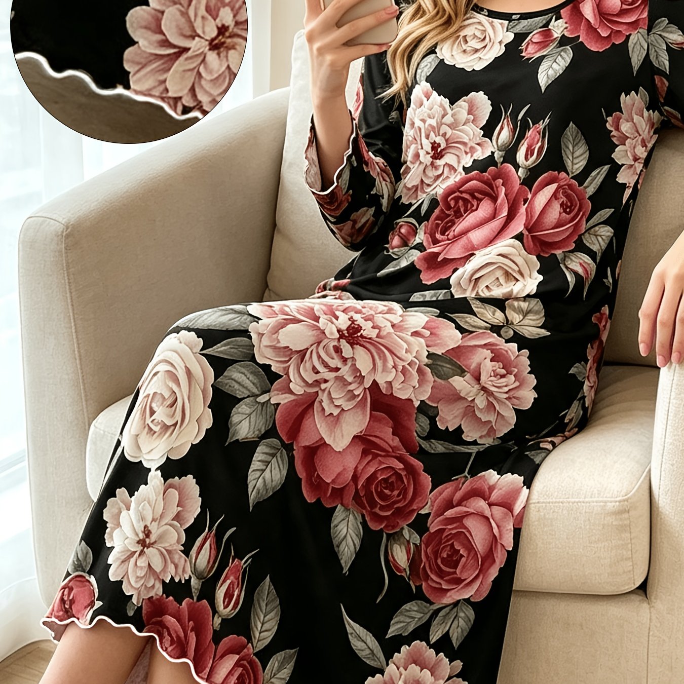 TEMU Women's Long Sleeve Nightgown, And Peony Floral Print With Scalloped Lace Trim, Round Neck Loose Long Dress, Women's Soft Casual Loungewear