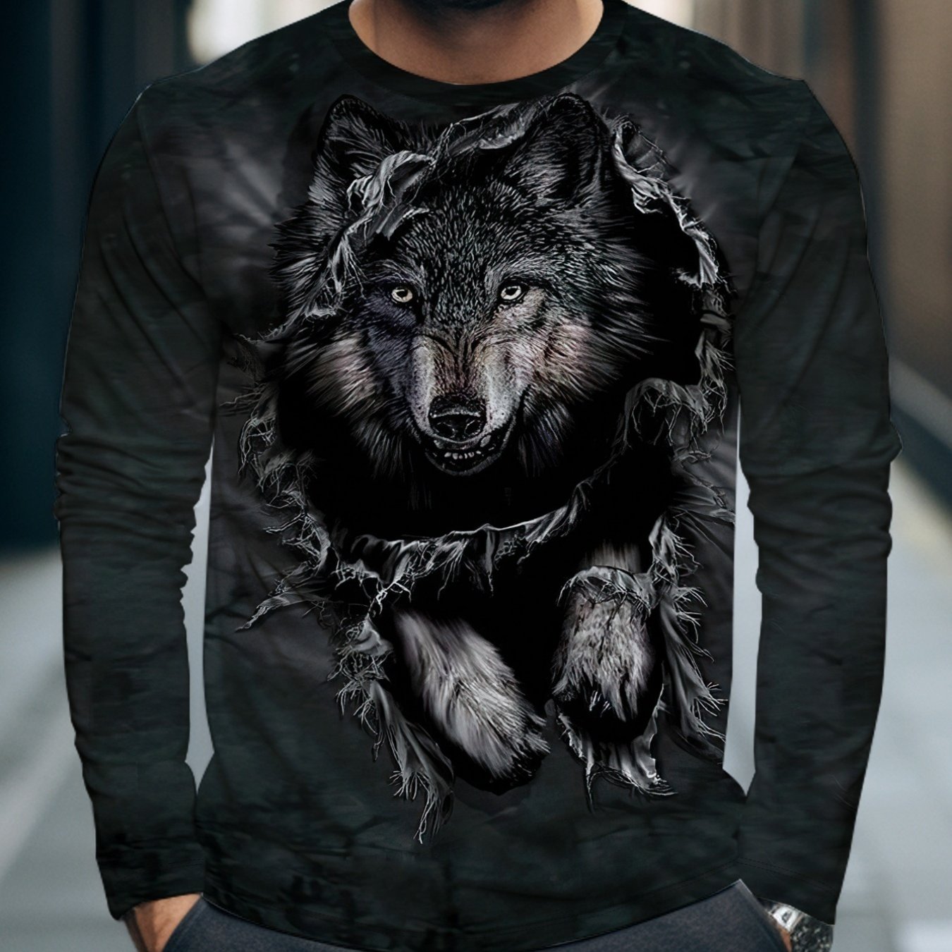 TEMU [print Design - Not Textured] Men's Round Neck Long Sleeve Wolf Head Print T-shirt, Trendy Individual Animal Pattern Casual Top, Spring/autumn