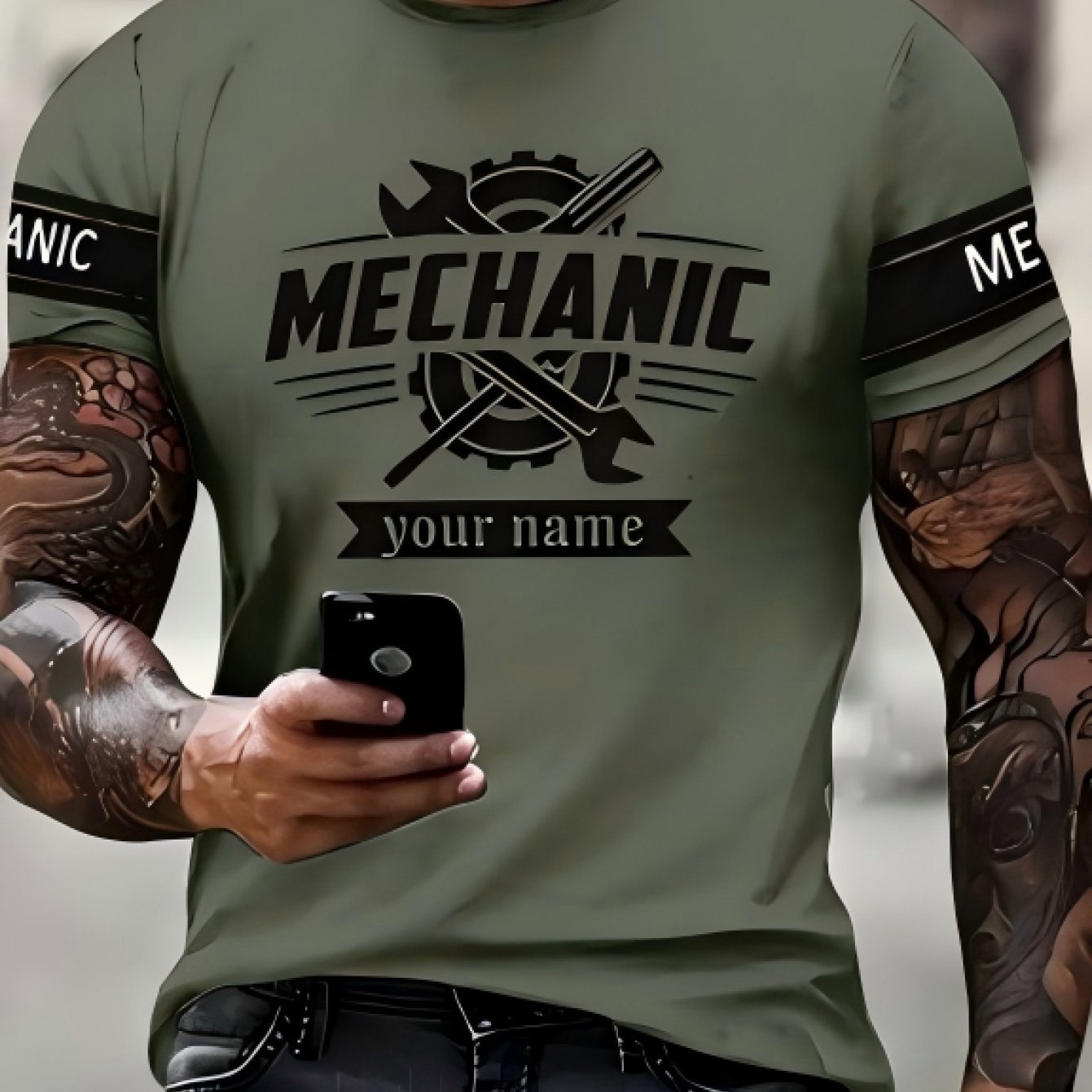 TEMU Personalized Custom Name Men's Mechanical Pattern T-shirt - Lightweight Summer Short Sleeve Top, Olive Green & Black , Casual Attire For -