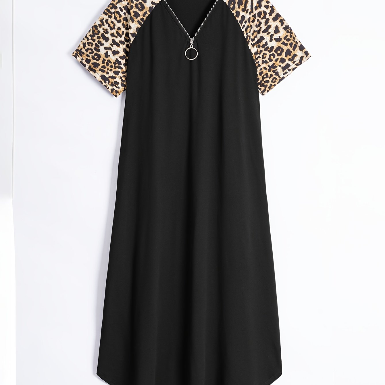 TEMU Trendy Silhouette, Size Leopard Print Dress With V-neck And Zip Detail - Stretchy Polyester Blend, Machine Washable - Spring/summer