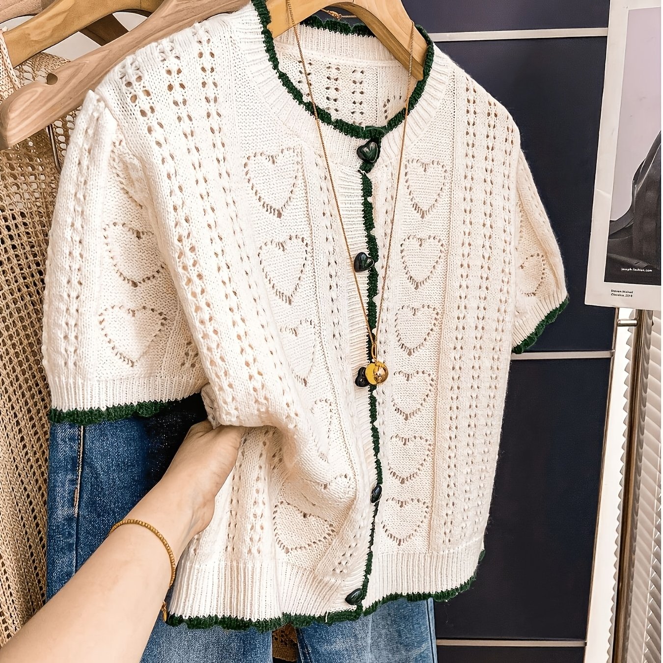 TEMU Nouveau Top Cardigan 2026 Printemps Été Automne, Fin, Blanc, de Cœur, Creux, Élégant, Décontracté, , Confortable, Col Rond, Manches Courtes,