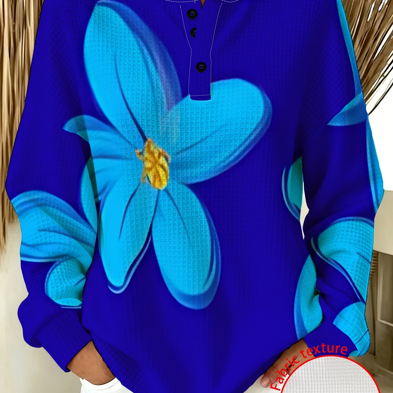 TEMU Plus Size Women's Fashion Sweatshirt, Blue With Yellow Pattern, Vibrant And , Suitable For Casual Wear And , And Style To Fashion- Women