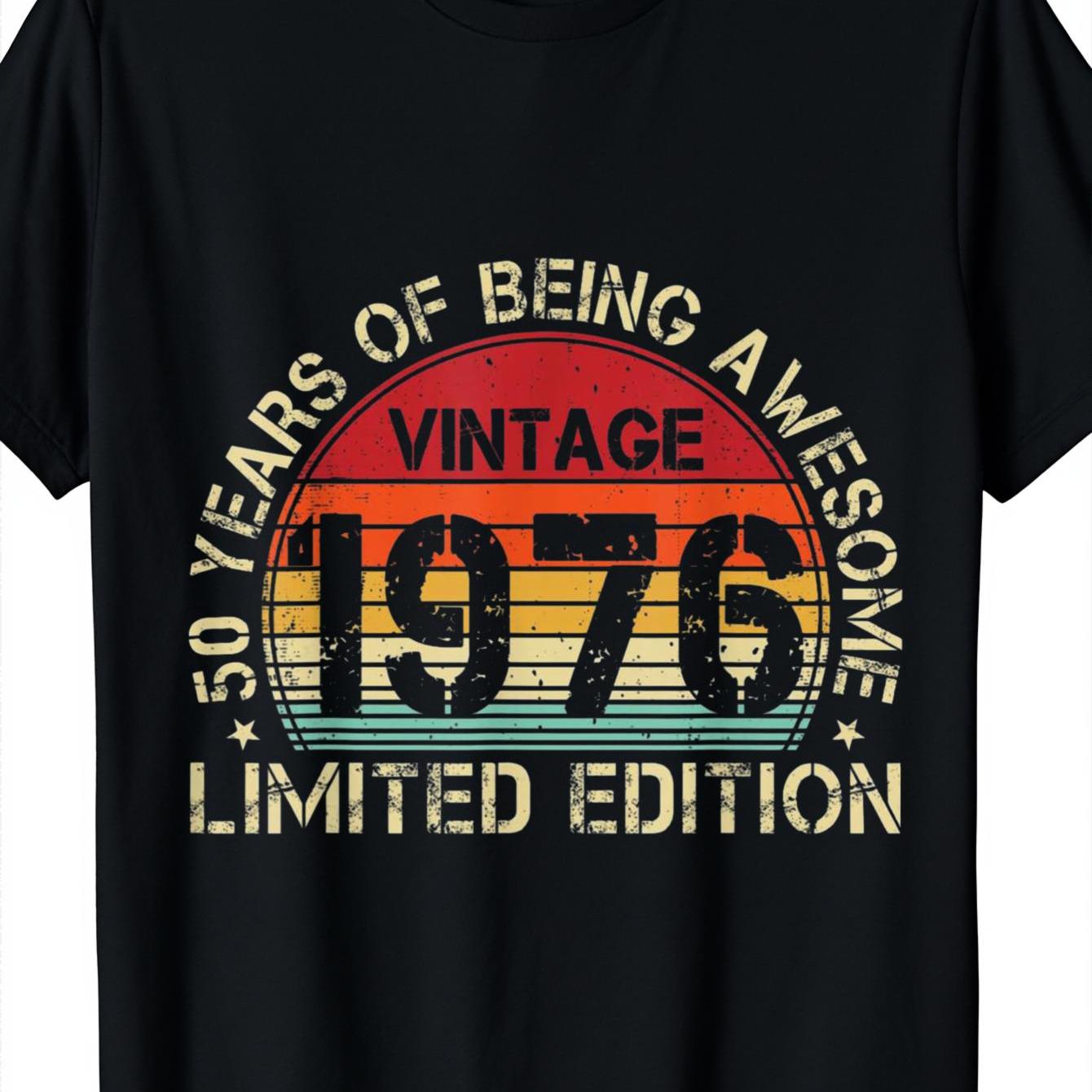 TEMU Men's Vintage 1976 50th Birthday T-shirt - "50 Years Of Wonderful Life" Retro Round Neck Tee, Ideal For Boyfriend Gifts, 50th Birthday