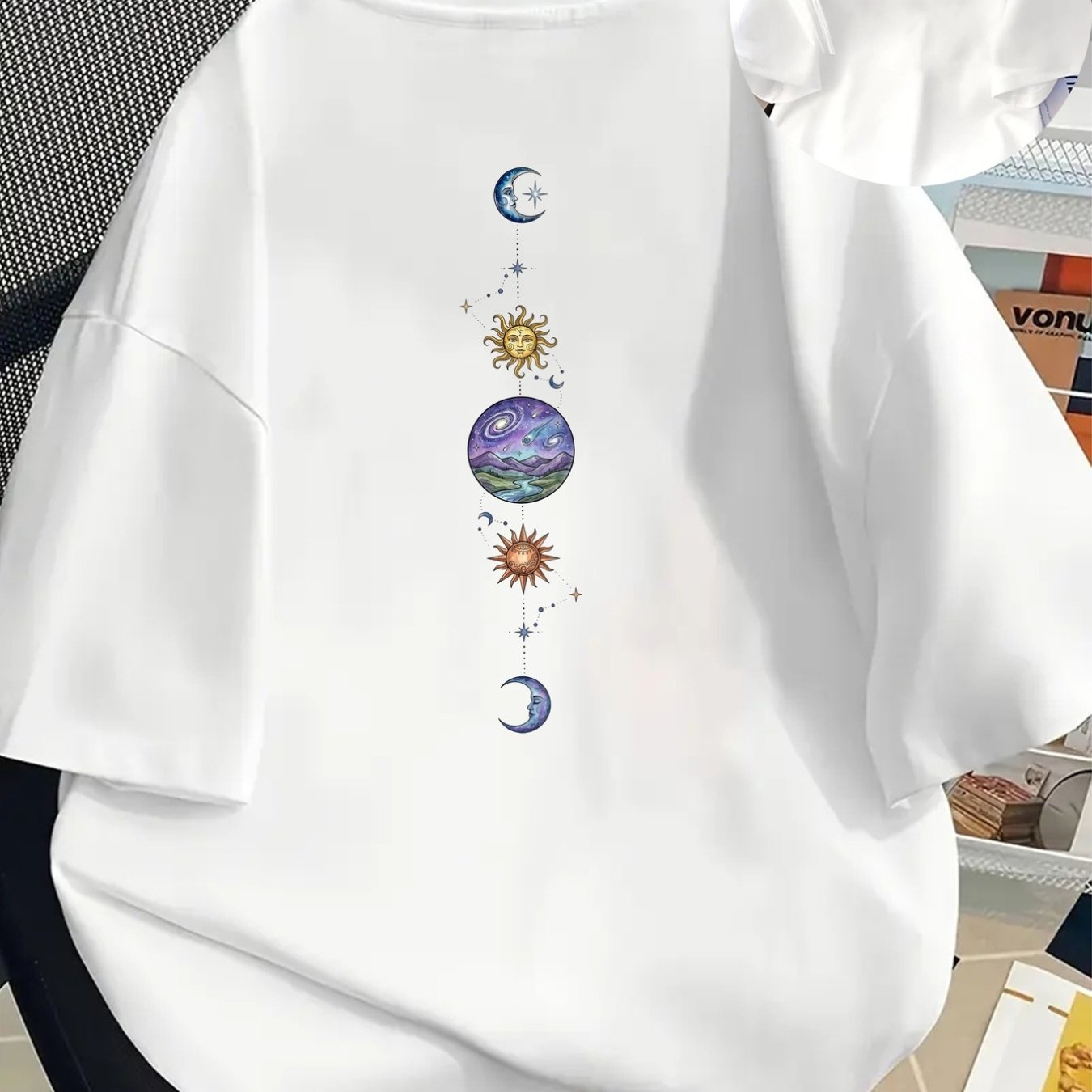 TEMU Front And Back Printed Short-sleeve T-shirt - Sun And Moon, Starry Sky - A Trendy Spring And Summer Printed T-shirt For Women, Your Top !