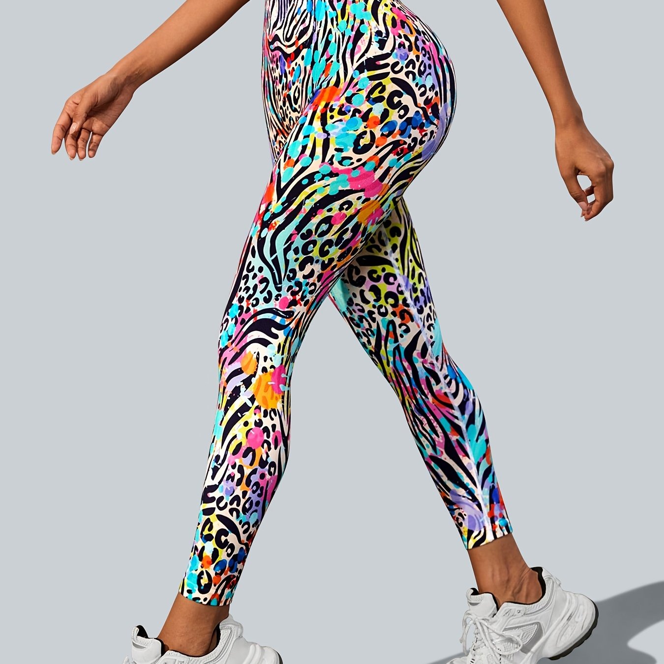 TEMU Women's High-waist Tummy Control Yoga Pants - Full-length Athletic Leggings With Striped Dot Panel, 90% Polyamide/10% Spandex Stretch Suitable