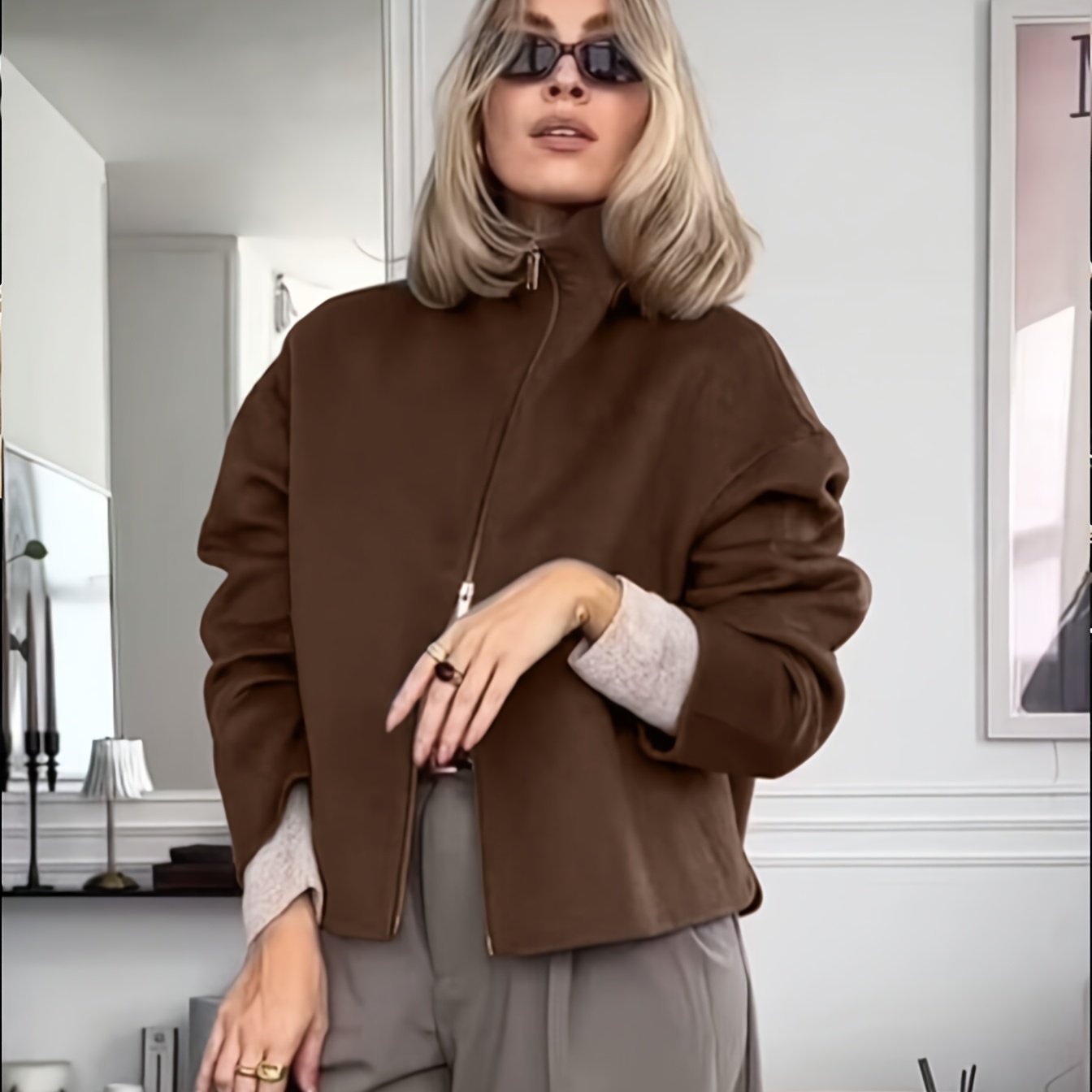 TEMU Women's Casual Wool Jacket, Solid Color Zipper Double Pull Short Coat