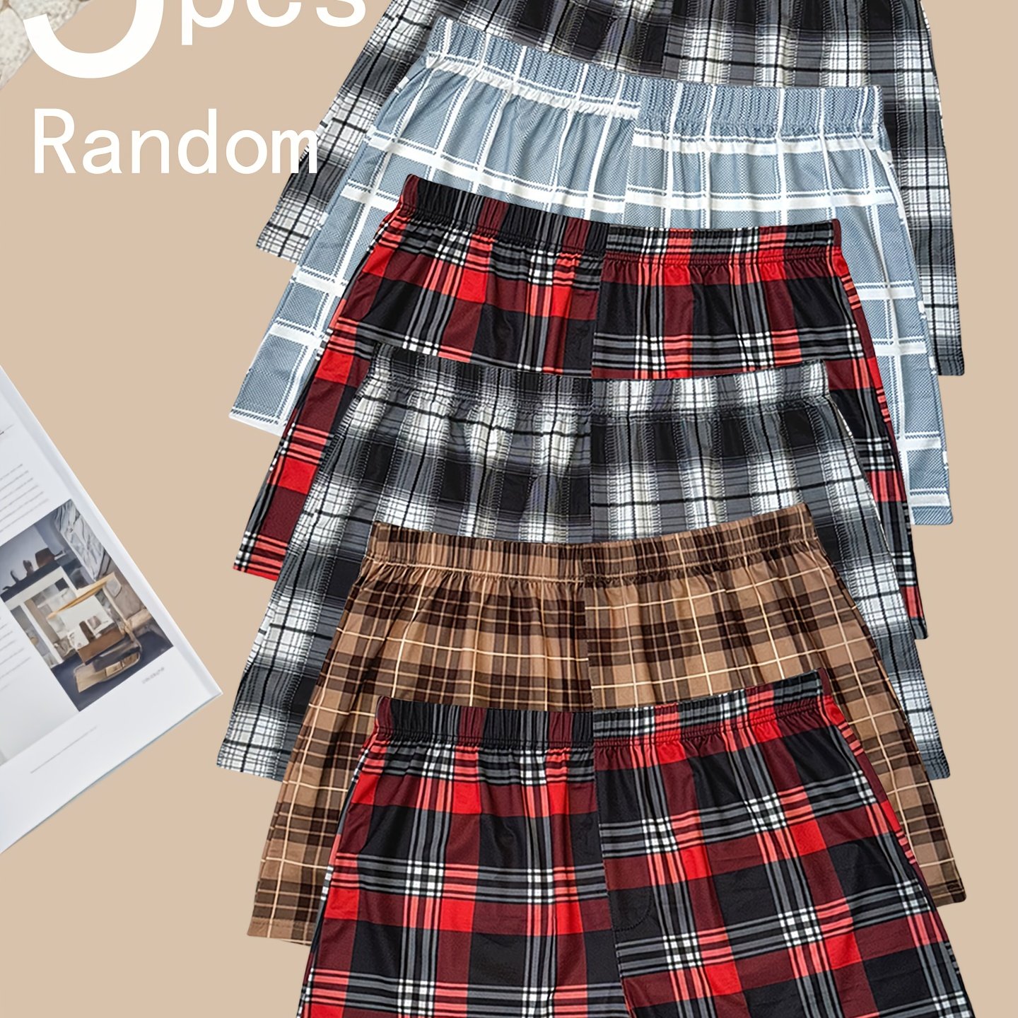 E-shop Zufälliges 5er-Set Herren-Shorts mit Karomuster, flacher Vorderteil, bequeme klassische Mode, atmungsaktiv und geeignet für Freizeit im