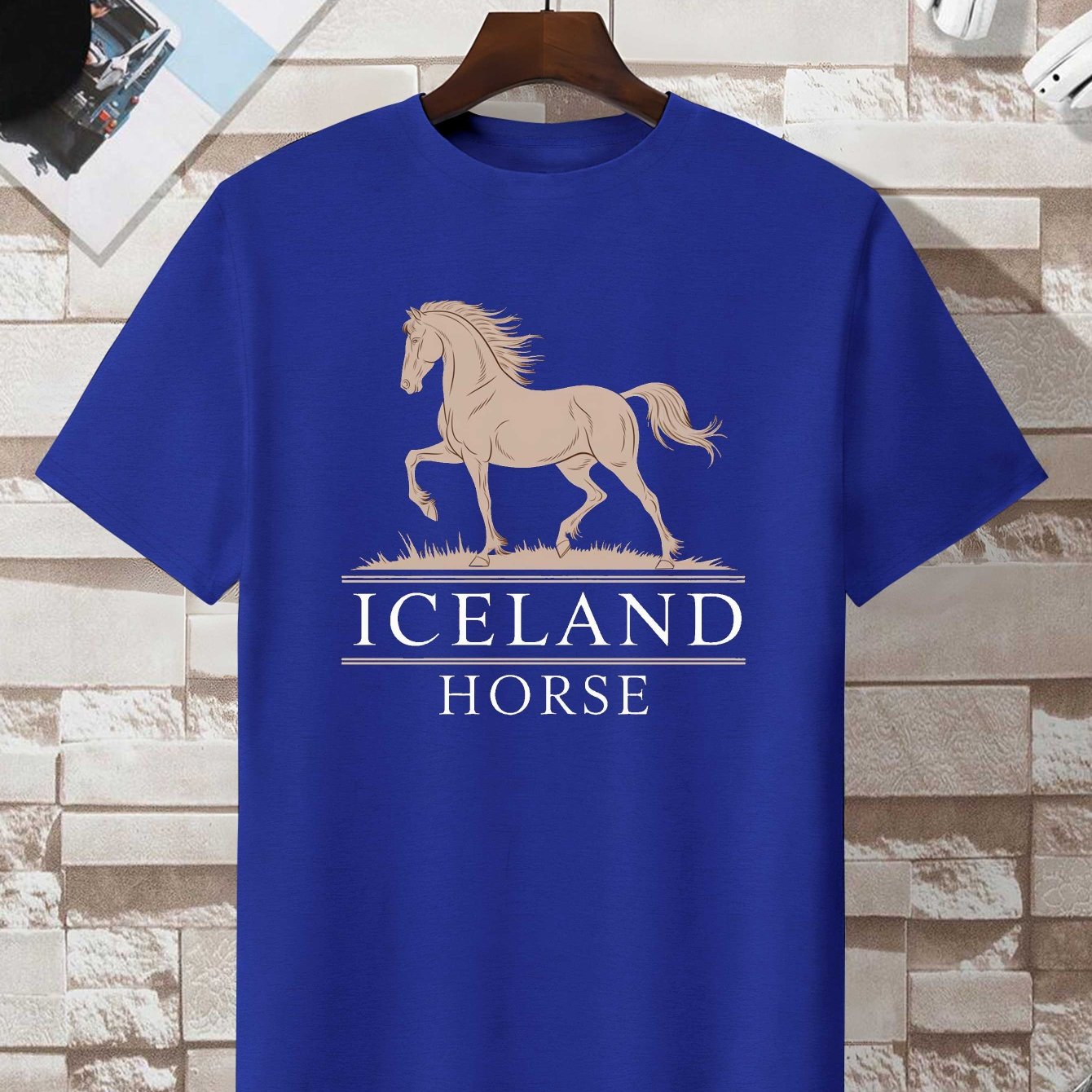TEMU Minimalist Art Print T-shirt Featuring Icelandic Horses, Perfect Casual Short Sleeve Tee For Men This Summer