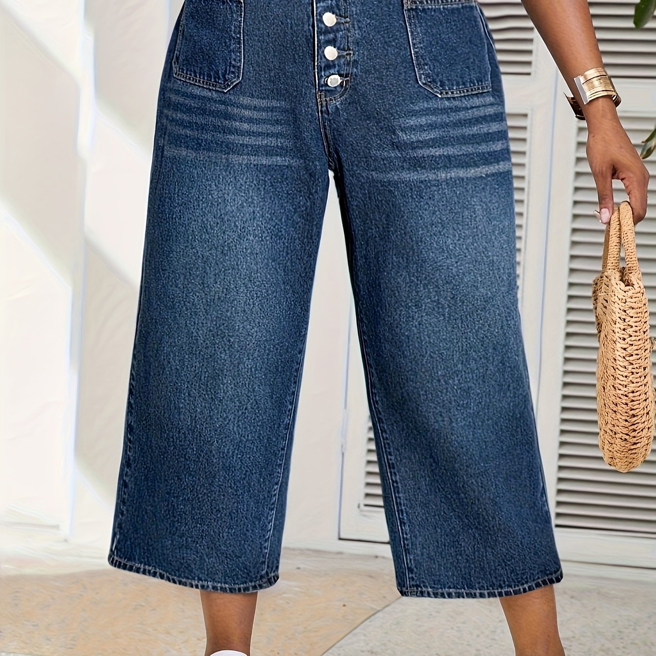 Single-button Mid-rise Denim Pants