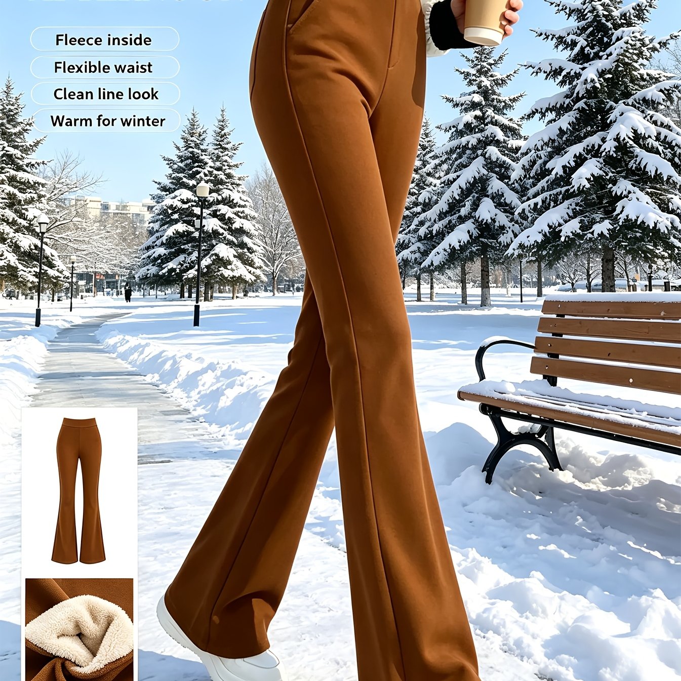 Image of Women's High Waist Fleece Lined Flared Pants, Stretchy Slim Fit Winter Warm Trousers With Pockets, Soft Thick Thermal Bootcut Pants For Cold Weather Casual Daily Outfit