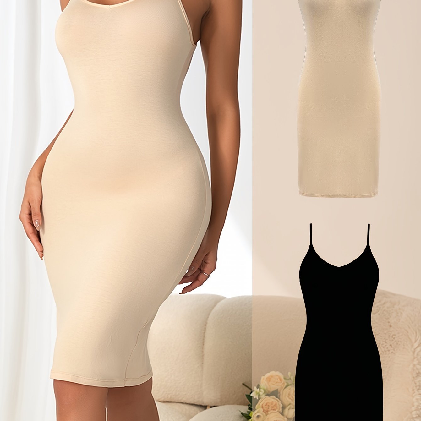 Image of 2 Women's European And Solid Color Slim Fit Camisole Base Waist Bodycon Hip Dress