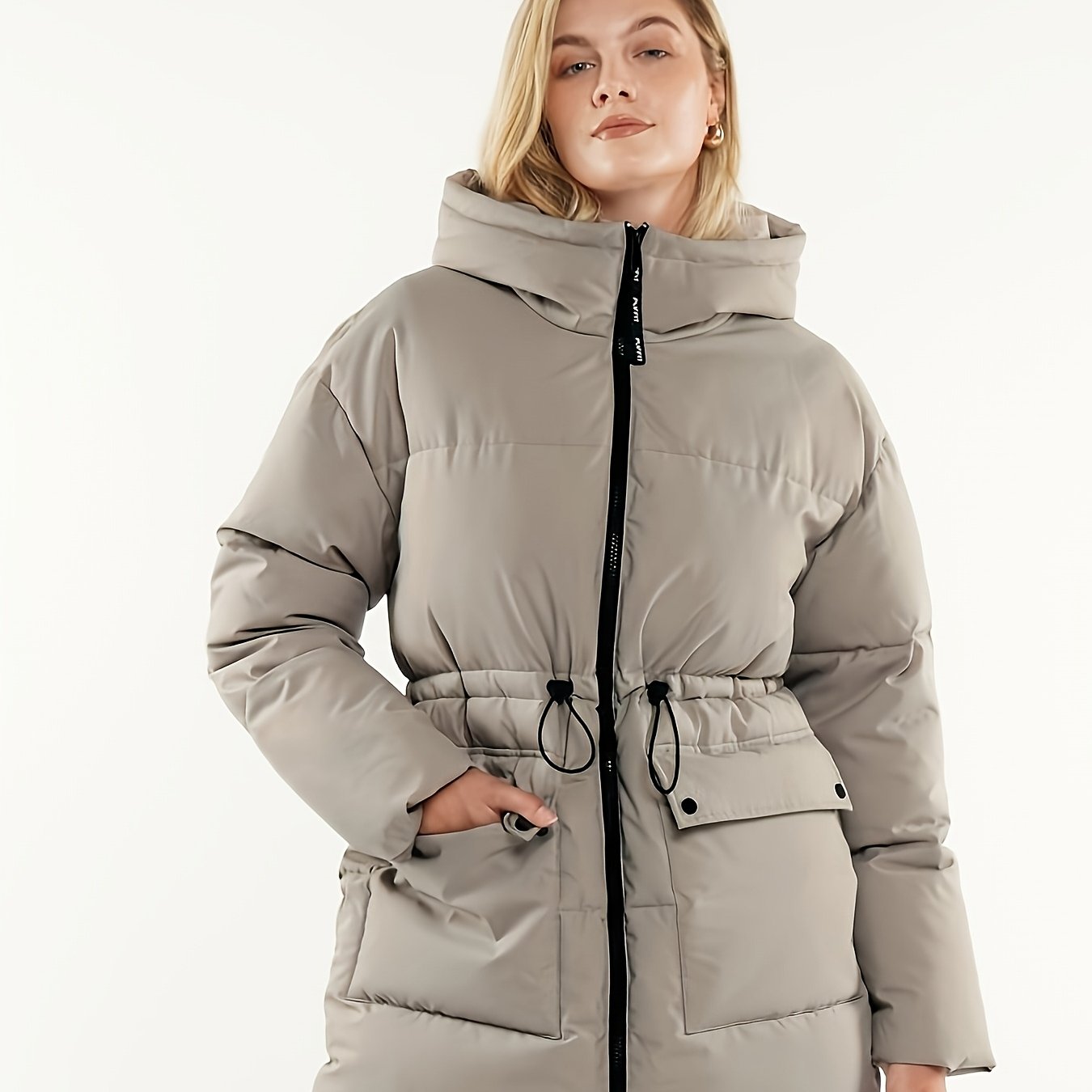 Mid Length Waist Drawcord Jacket Women Hood Winter, Ladies Coat Big Pocket With Waist Drawcord.
