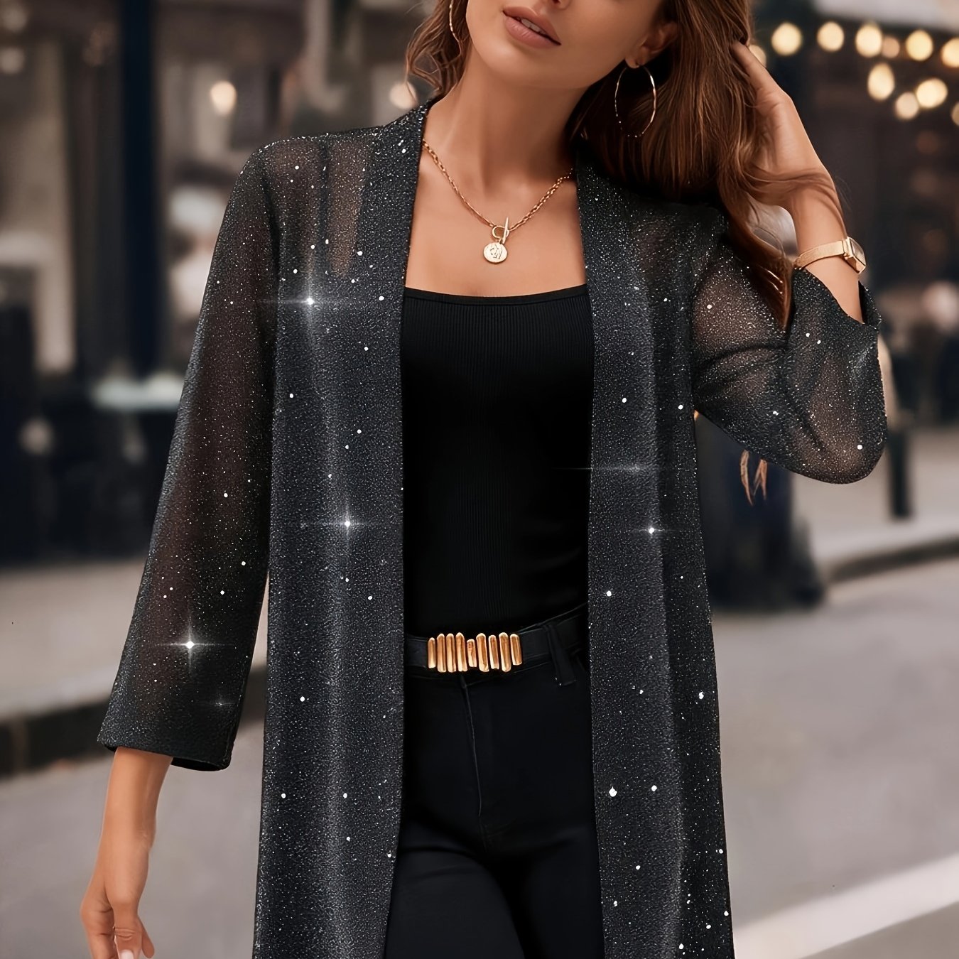 Women's Elegant Semi-sheer Long Glitter Mesh Midi Cardigan