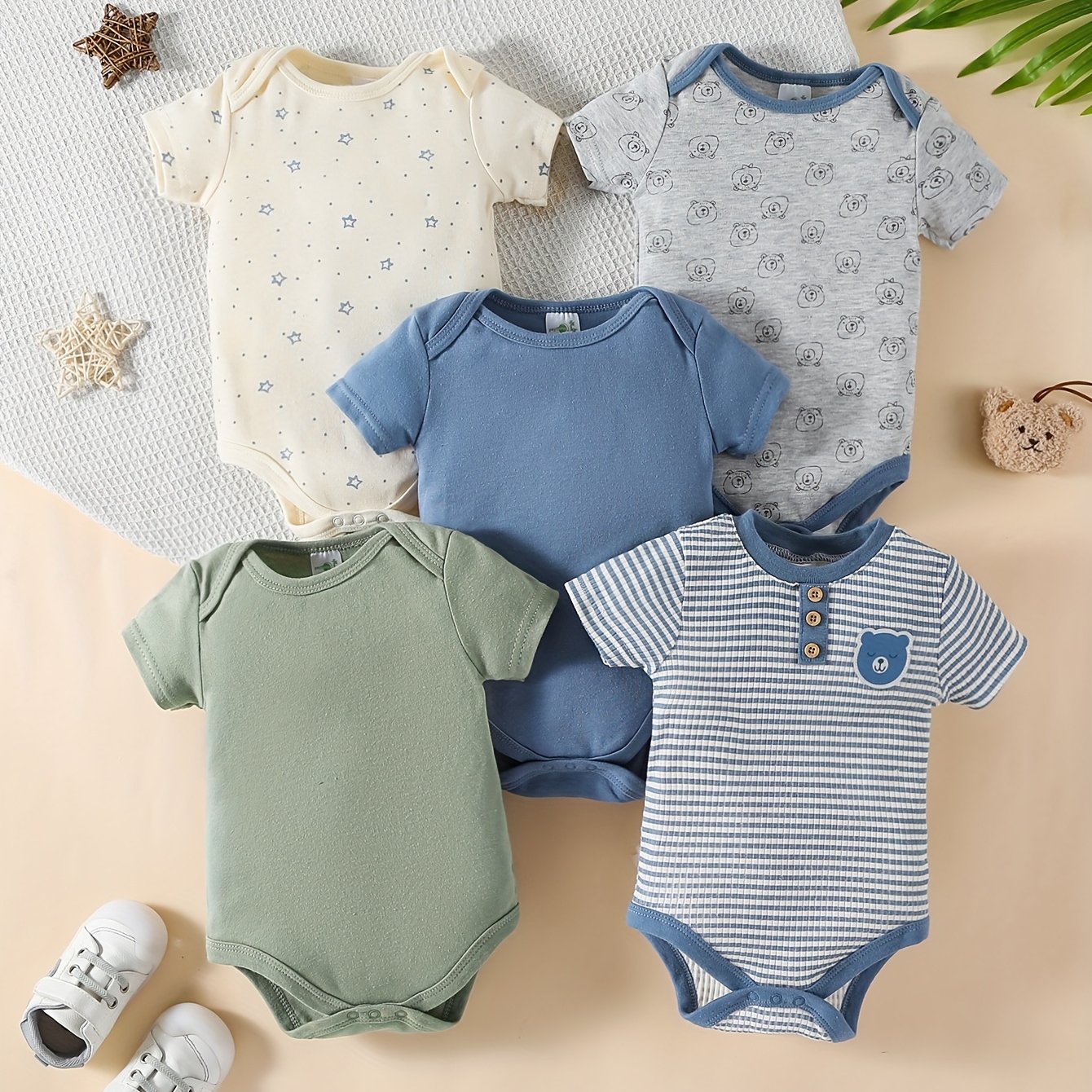 5pcs Of Short-sleeved Spring And Summer Triangular Jumpsuits For Baby Boys, Cute Bear Clothes, Crawling Clothes For Boys, Home Clothes For Newborns, For Outdoor