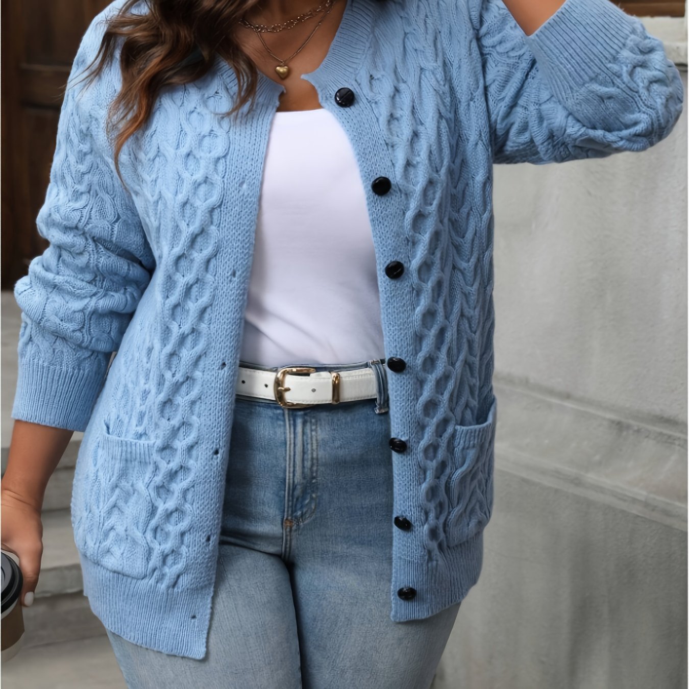 E-shop Plus Size, Damen Loose Casual Vielseitige Uni-Farben Knopfleiste Langarm Pullover Oberteil, Ideal für Zuhause Outdoor