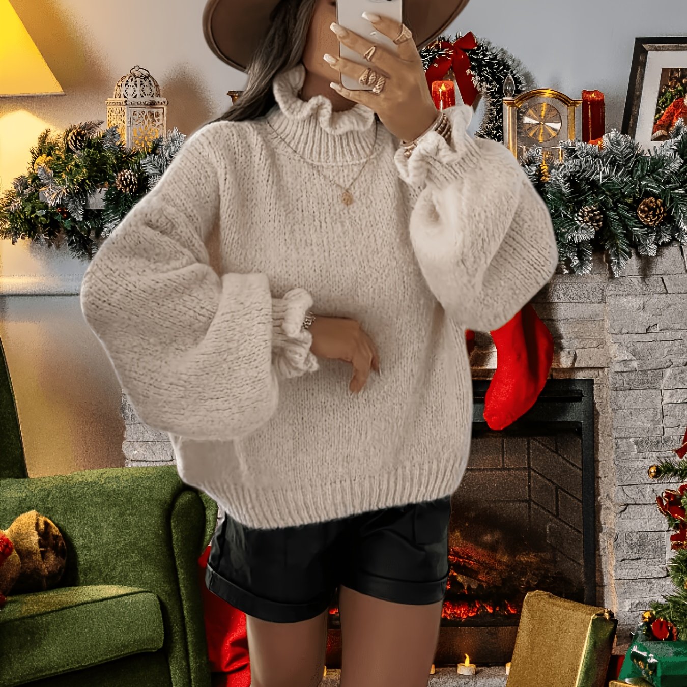 TEMU Mushroom Edge Mid-high Neck Sweater Women's Autumn Winter Retro Loose Base Layer Fashion Thick Top