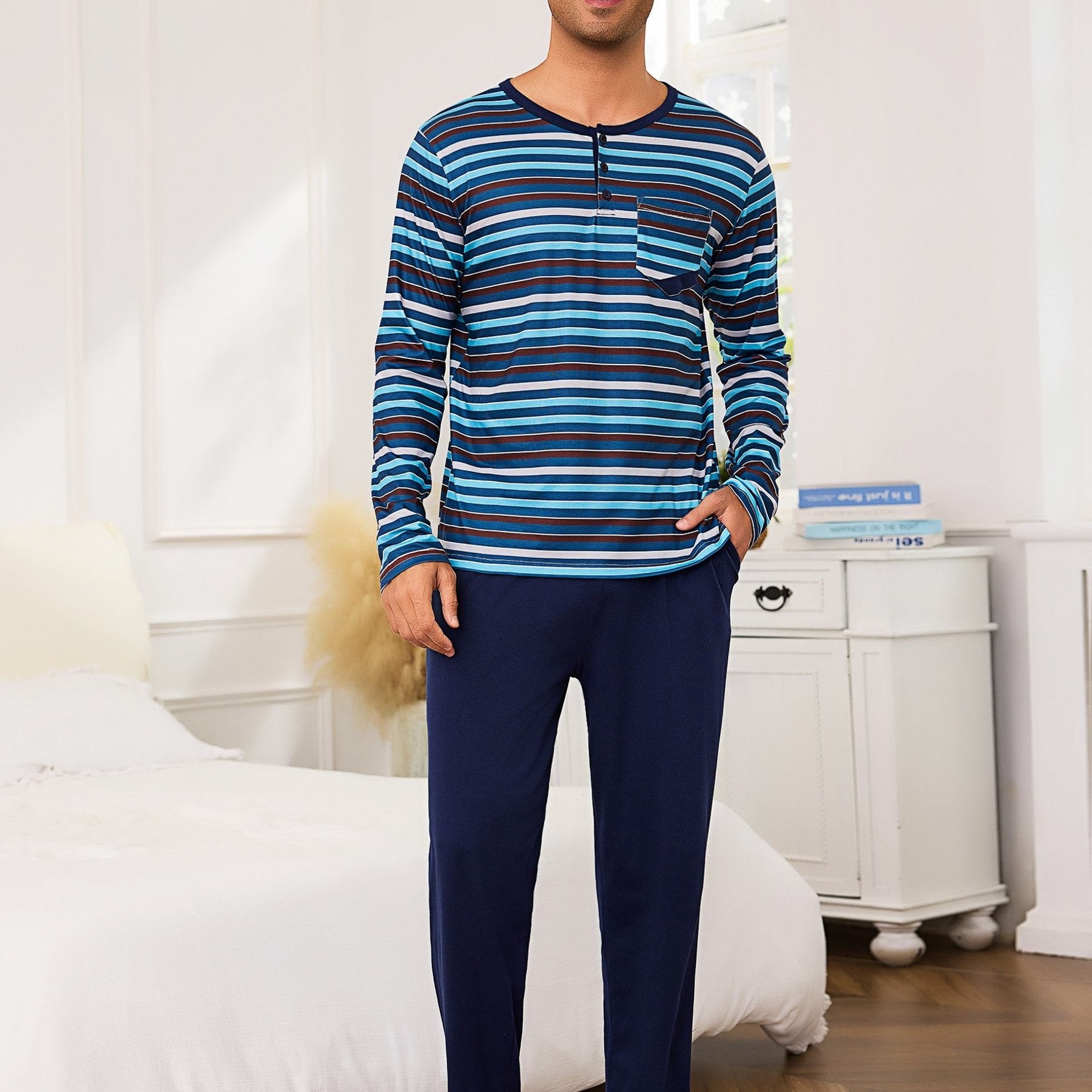 Men's Striped Pajama Set Long Sleeve Henley Neck Soft Sleepwear With Pockets Casual Loungewear