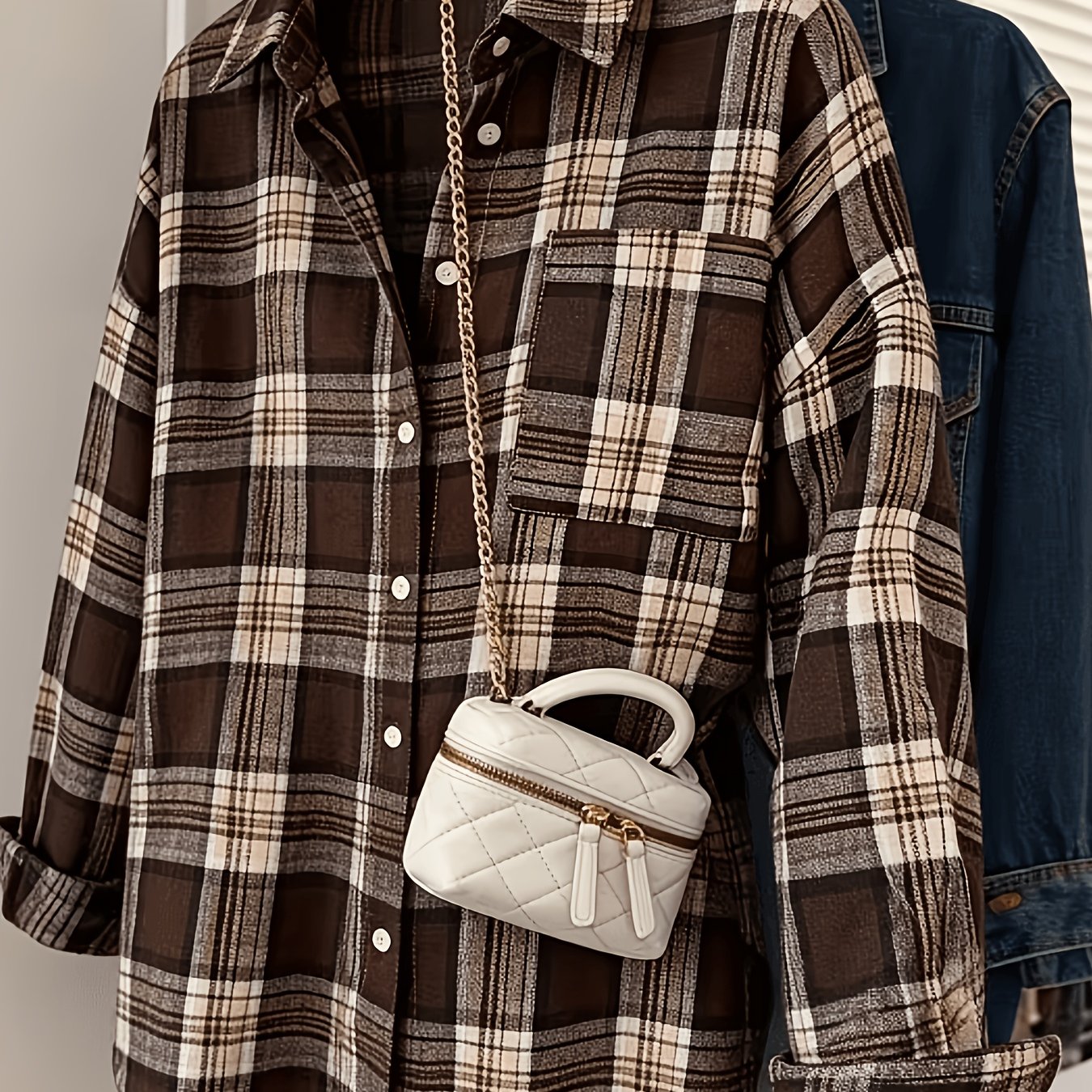 TEMU Women's /autumn Plaid Print Lapel Long Sleeve Loose Fit Casual Fashion Shirt