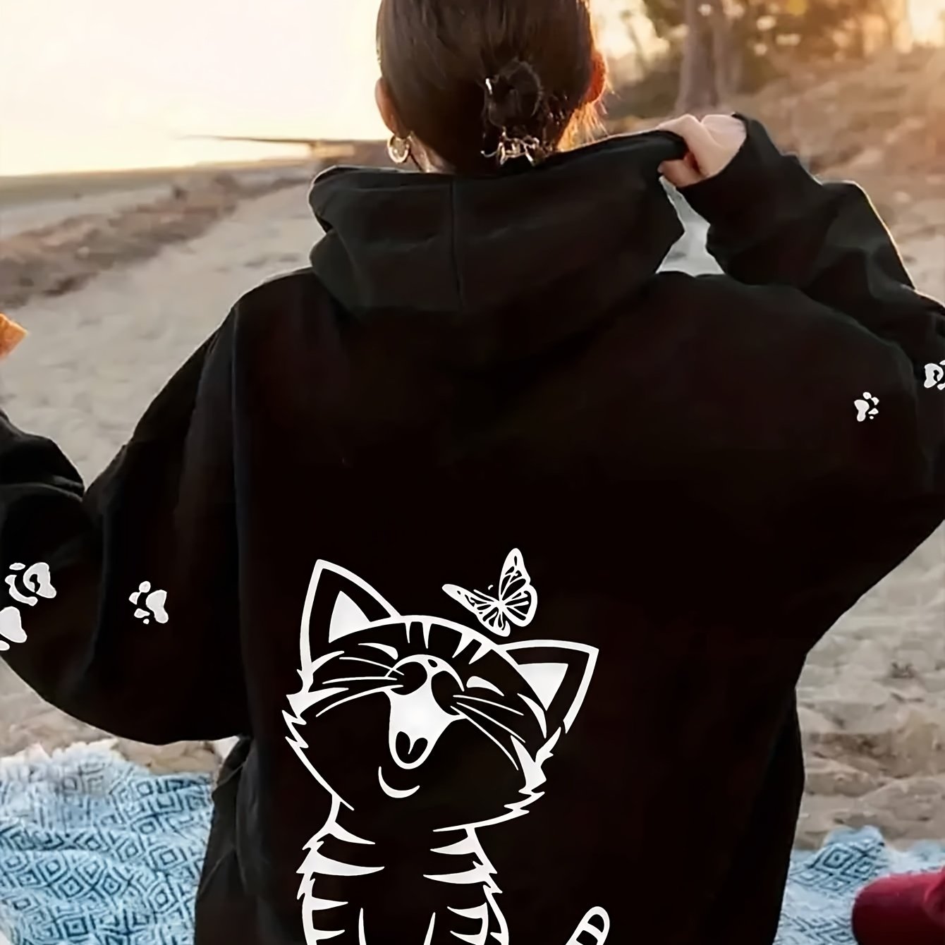 TEMU 아기 고양이 나비 고양이 발바닥" 패턴 여성 및 숙녀 및 어머니용 캐주얼 집업 후드티, 패셔너블한 스포티 자켓, 긴소매 기계 세탁 가능 스웨트셔츠, 봄 가을 겨울용, 후드티, 편안한 의상