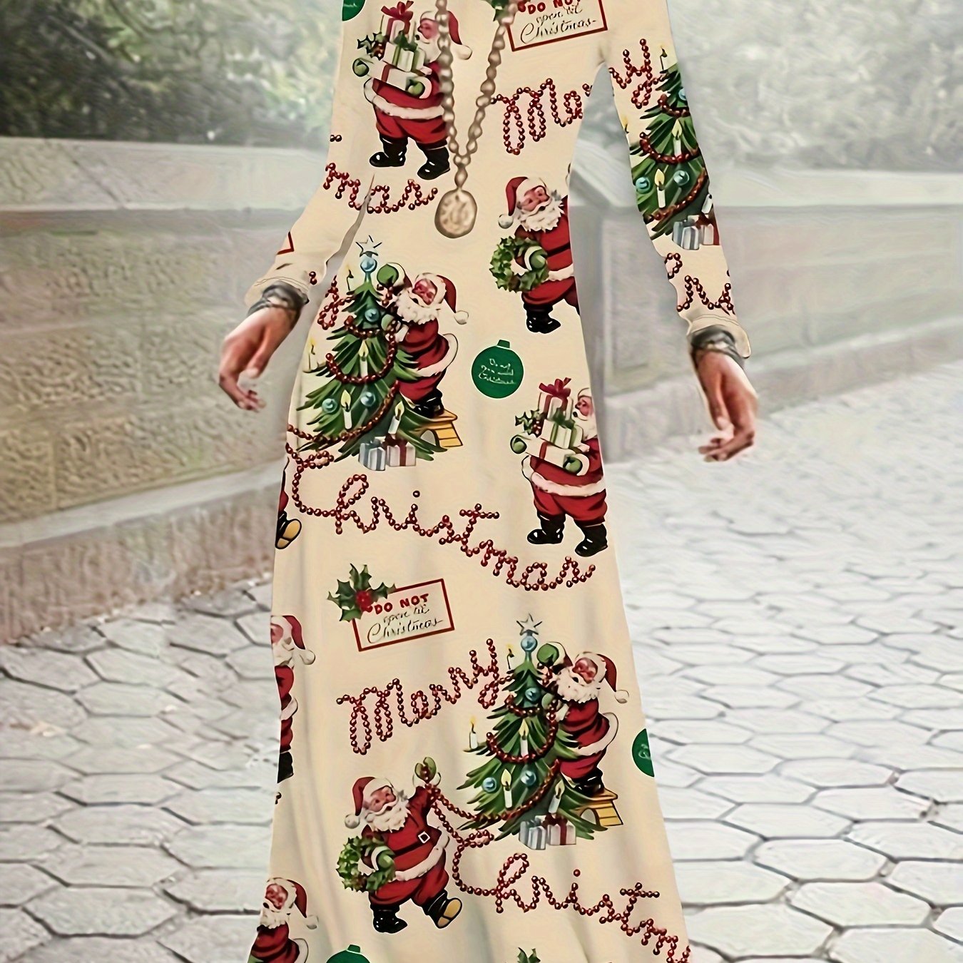 Development- Style Autumn Winter Light Yellow Cute Santa Claus Printed Casual Round Neck Long Dress