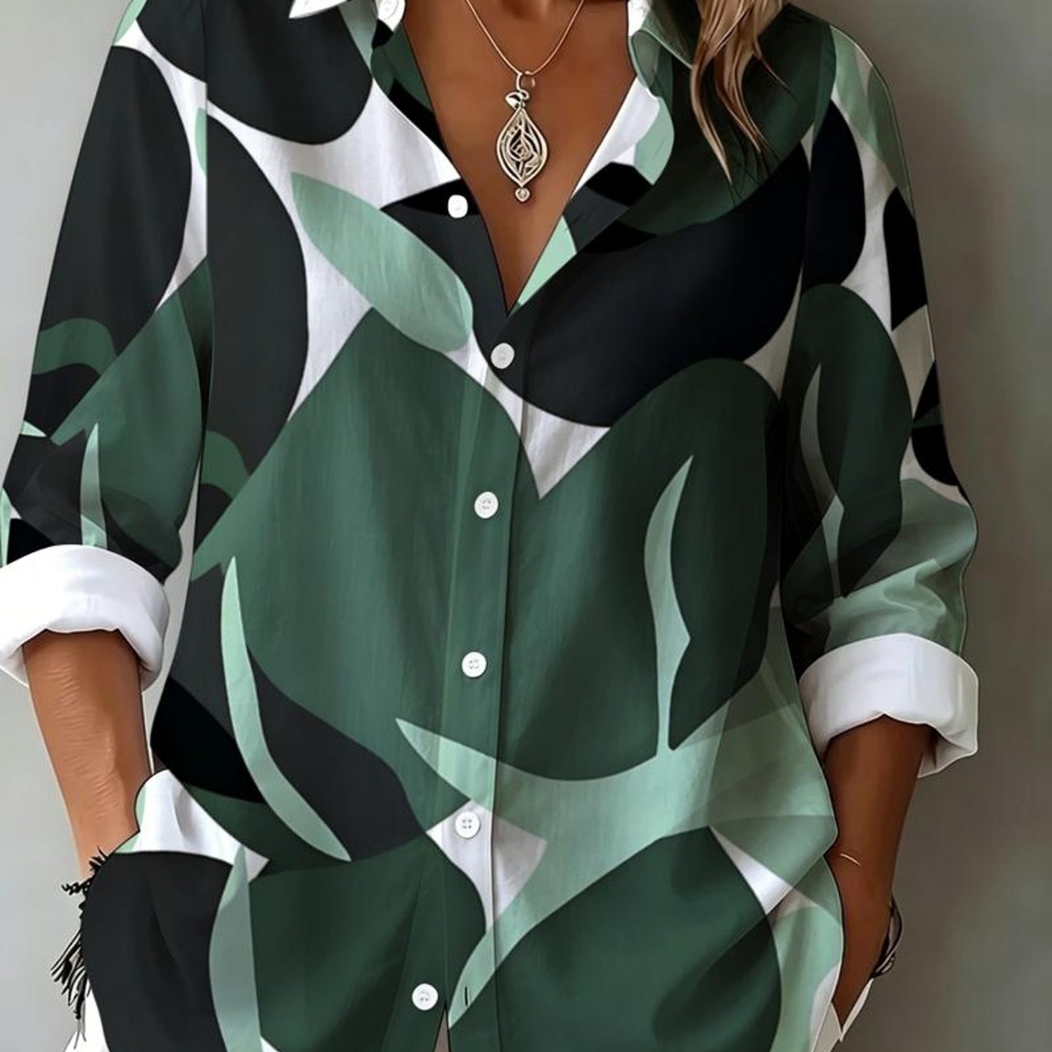 TEMU [printed Design - Not Textured] Women's Abstract Geometric Color Block Shirt, Modern Lapel Shirt