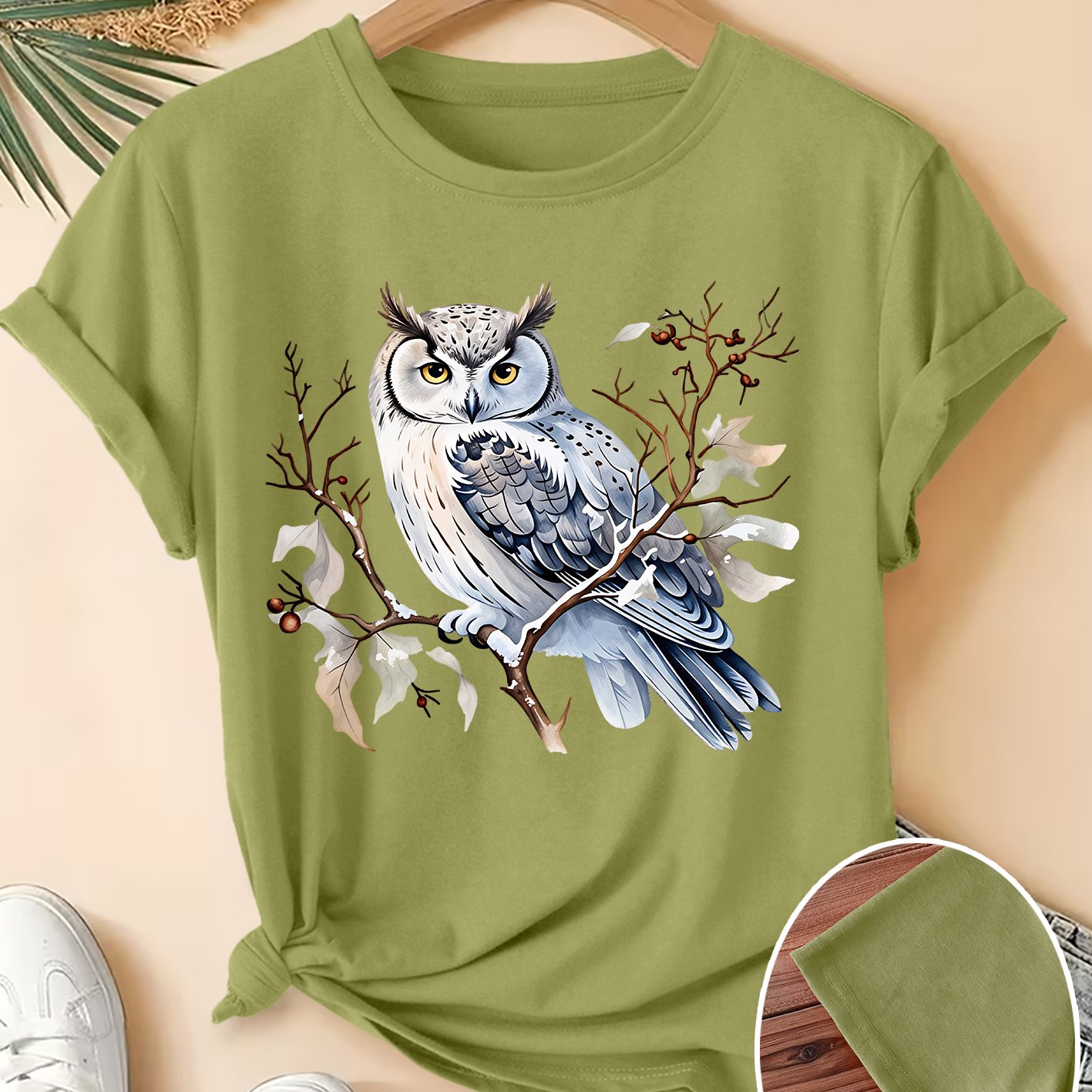 TEMU Plus Size Women's Summer Clothing, Snow On Branches Owl Watercolor Print Round Neck Short Sleeve T-shirt, Artistic And Style, Versatile For ,