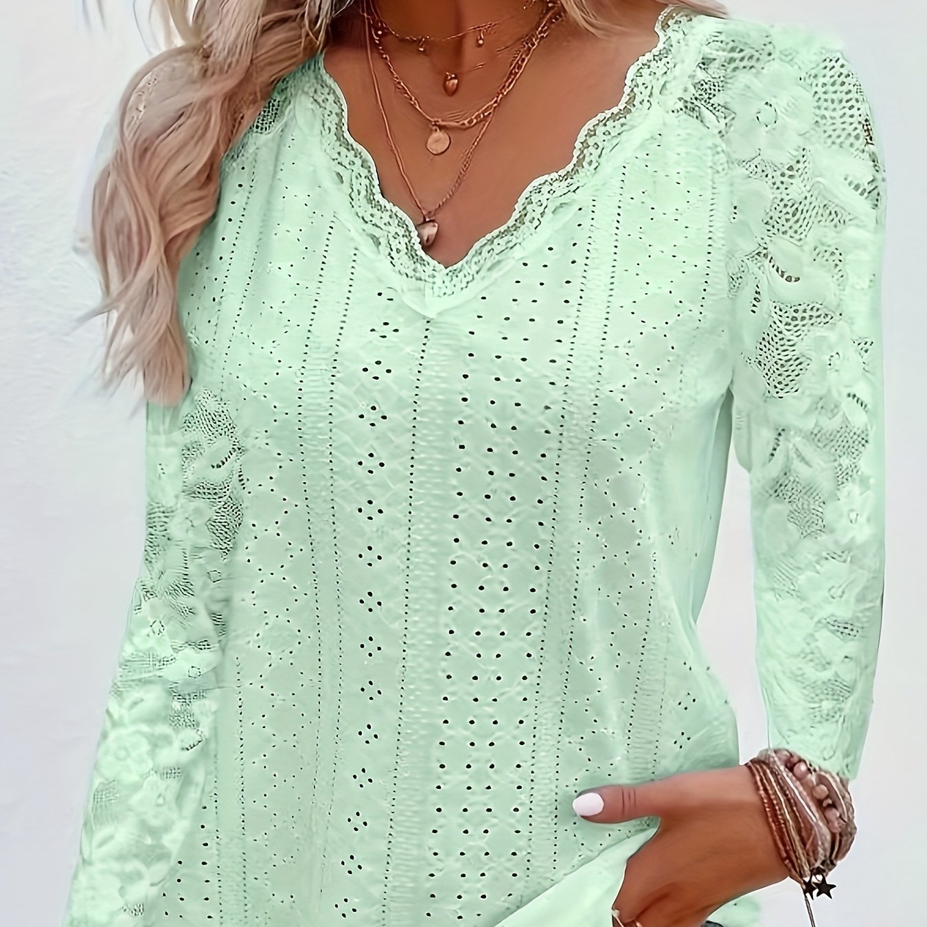 Image of Contrast Lace V-neck Eyelet T-shirt, Elegant Long Sleeve T-shirt For Spring & Fall, Women's Clothing