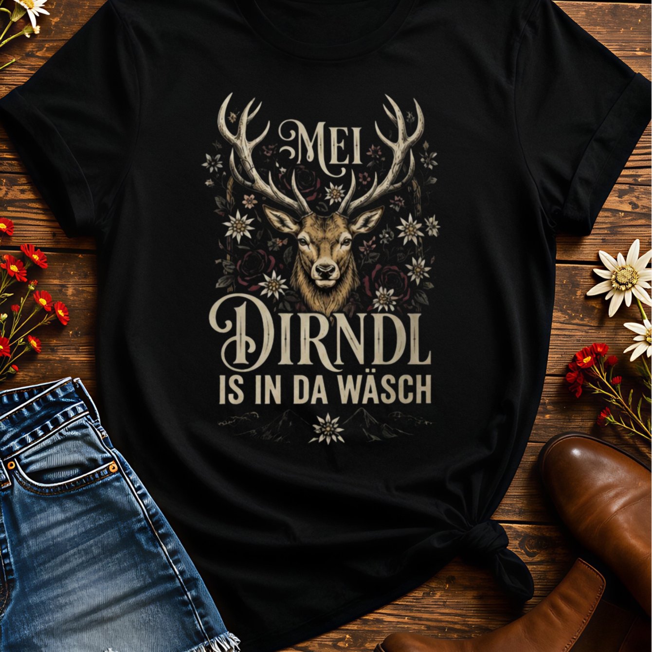 Image of Mei Dirndl Is In Da Stag Graphic T Shirt Detailed Antlers Flowers And Dark Roses In Rustic Alpine Style