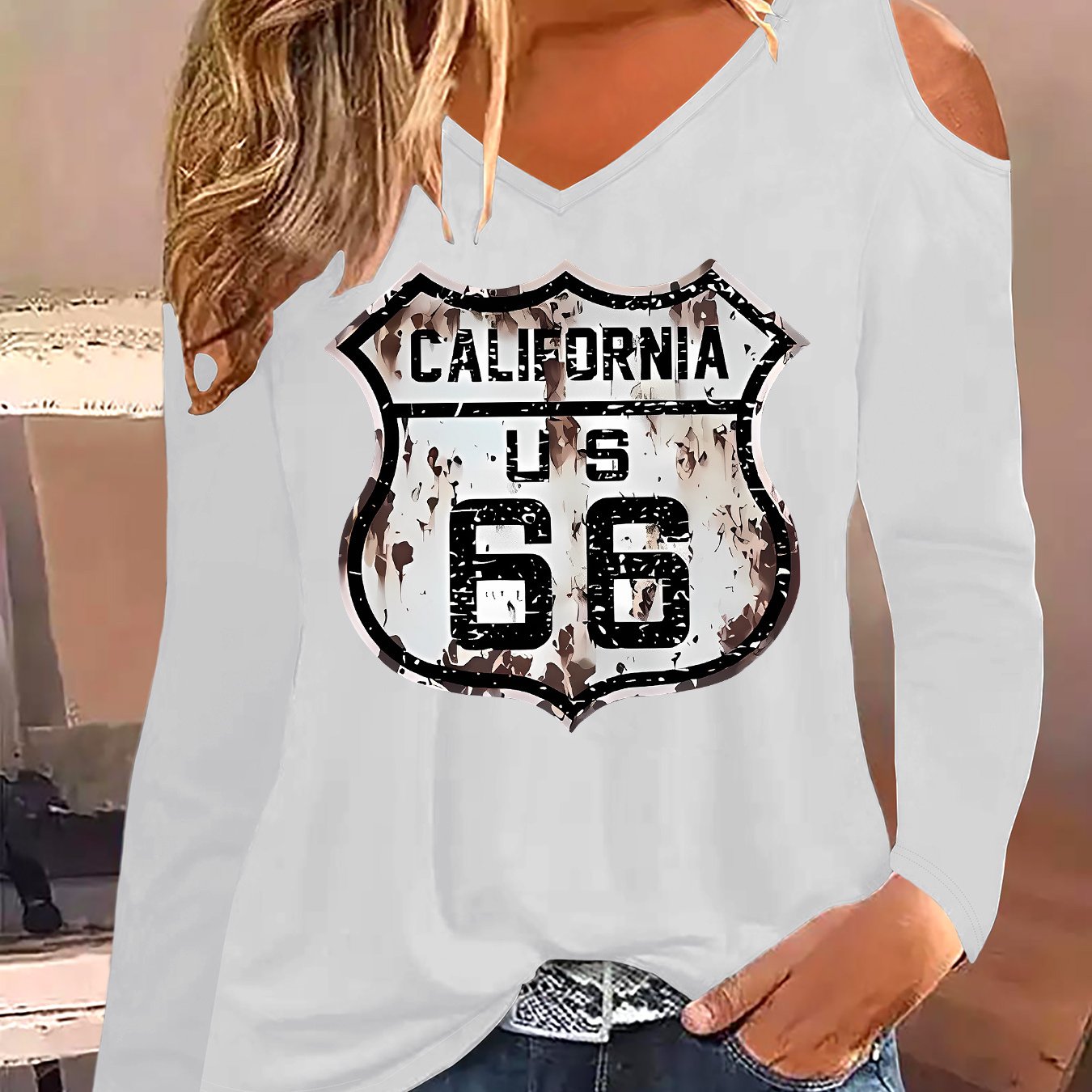 TEMU Graphic Print T-shirt, Long Sleeve V Neck Casual Top For Spring And Fall, Women's Clothing