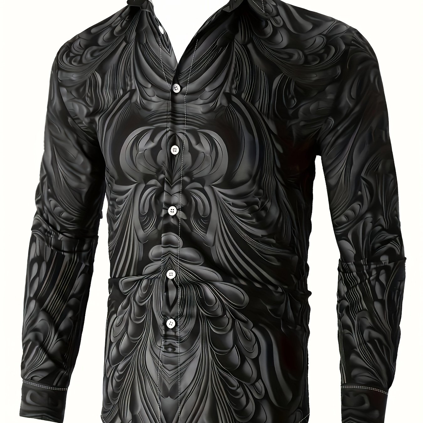 TEMU Men's Retro Street Texture Print Long Sleeve Shirt With Single-breasted Lapel Design, Machine Washable, Suitable For Spring/autumn