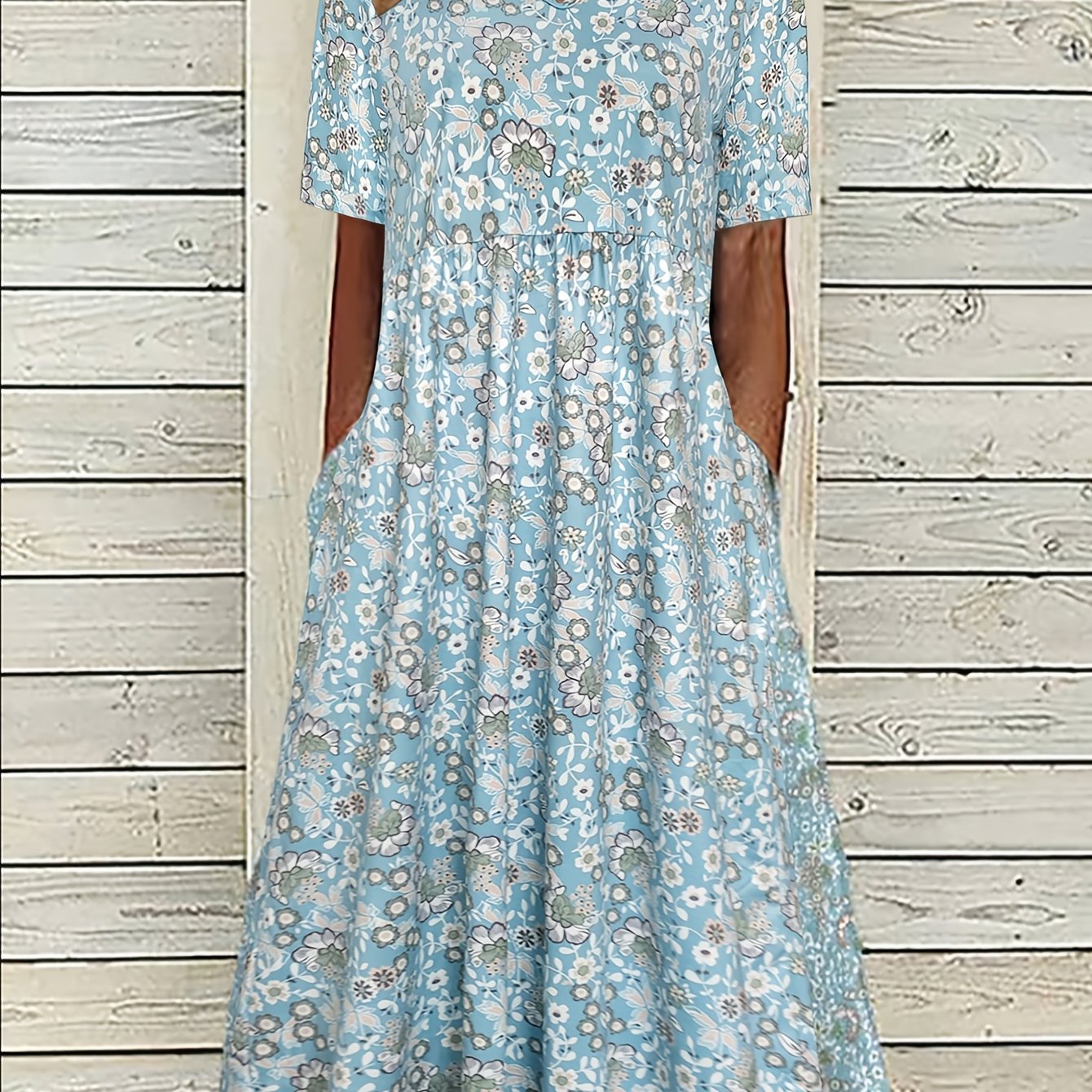 E-shop Neues Frühling/Sommer Mode-Blumenkleid für den Urlaub mit V-Ausschnitt, geeignet für Ausflüge Feiertage, blaues Damenkleid