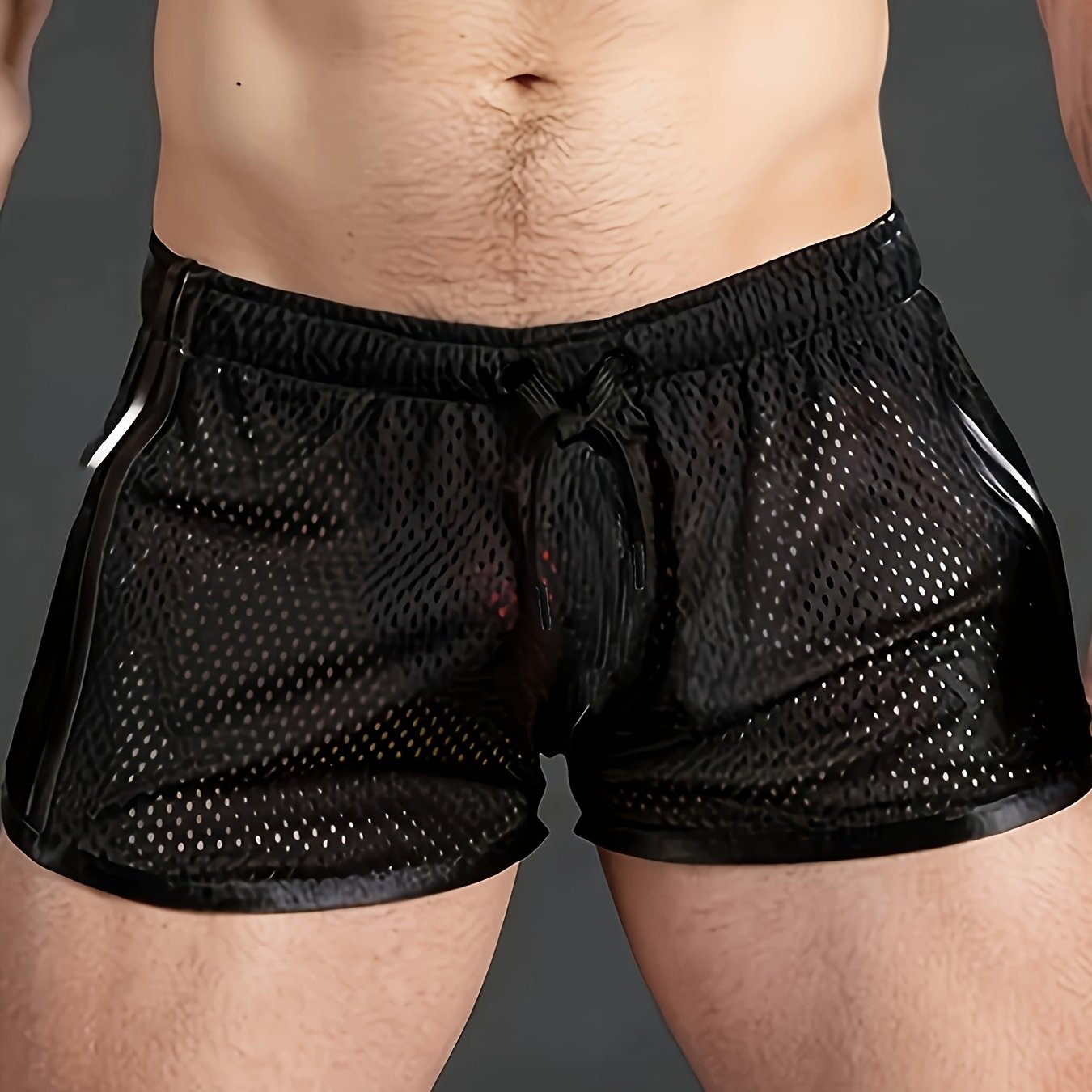 Image of Men's Breathable Mesh Shorts With Semi- - Lightweight Cooling Shorts Suitable For, Lounge & Outdoor Wear, - Casual Shorts With Drawstring (solid Color)