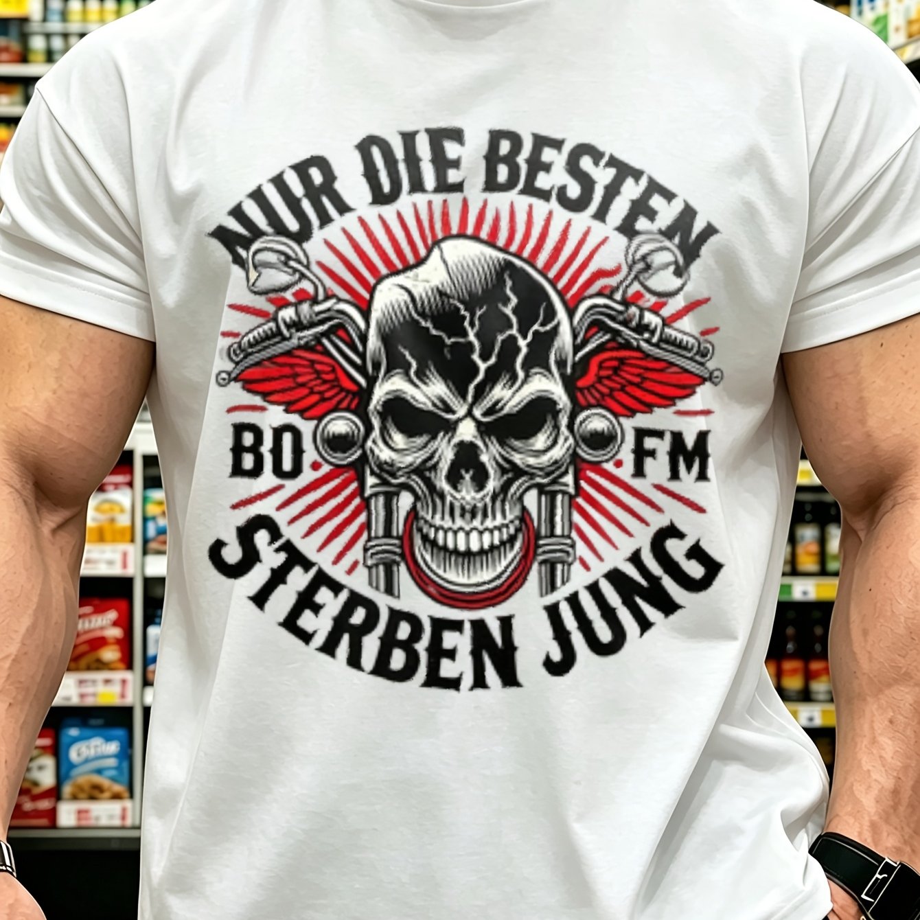Image of Biker Style T-shirt With Skull And German Text Design For Men Summer Wear Gift For Motorbike Enthusiasts, Plus Size