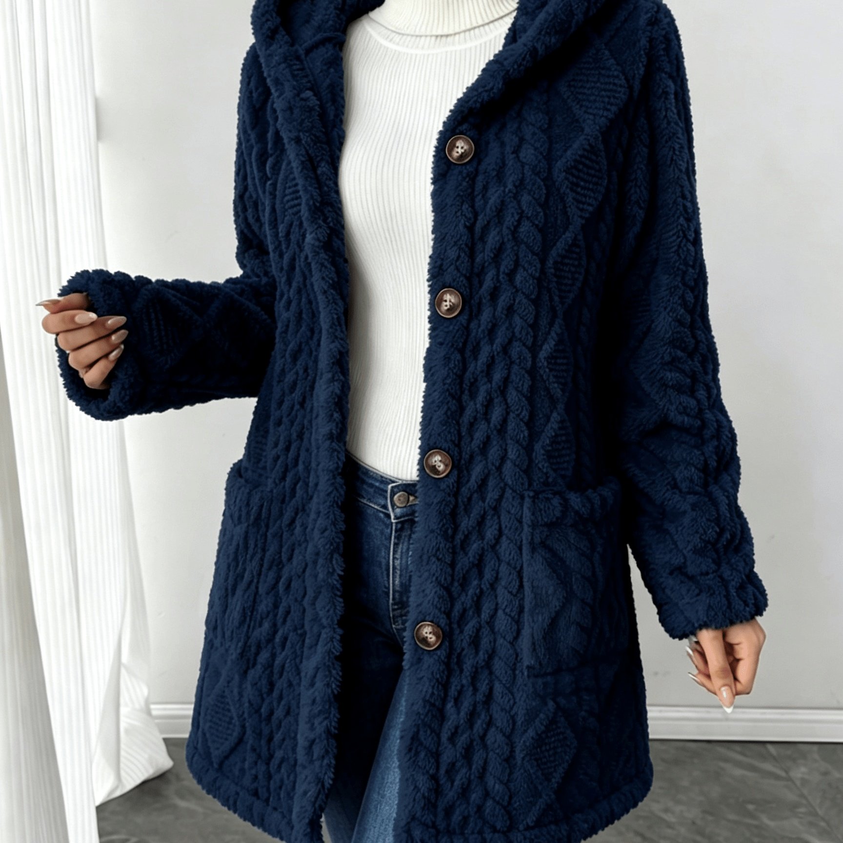 TEMU 2025 Autumn Winter Solid Color Textured Plush Fabric Elegant Style Mid-length Hooded Button-pocket Teddy Bear Coat
