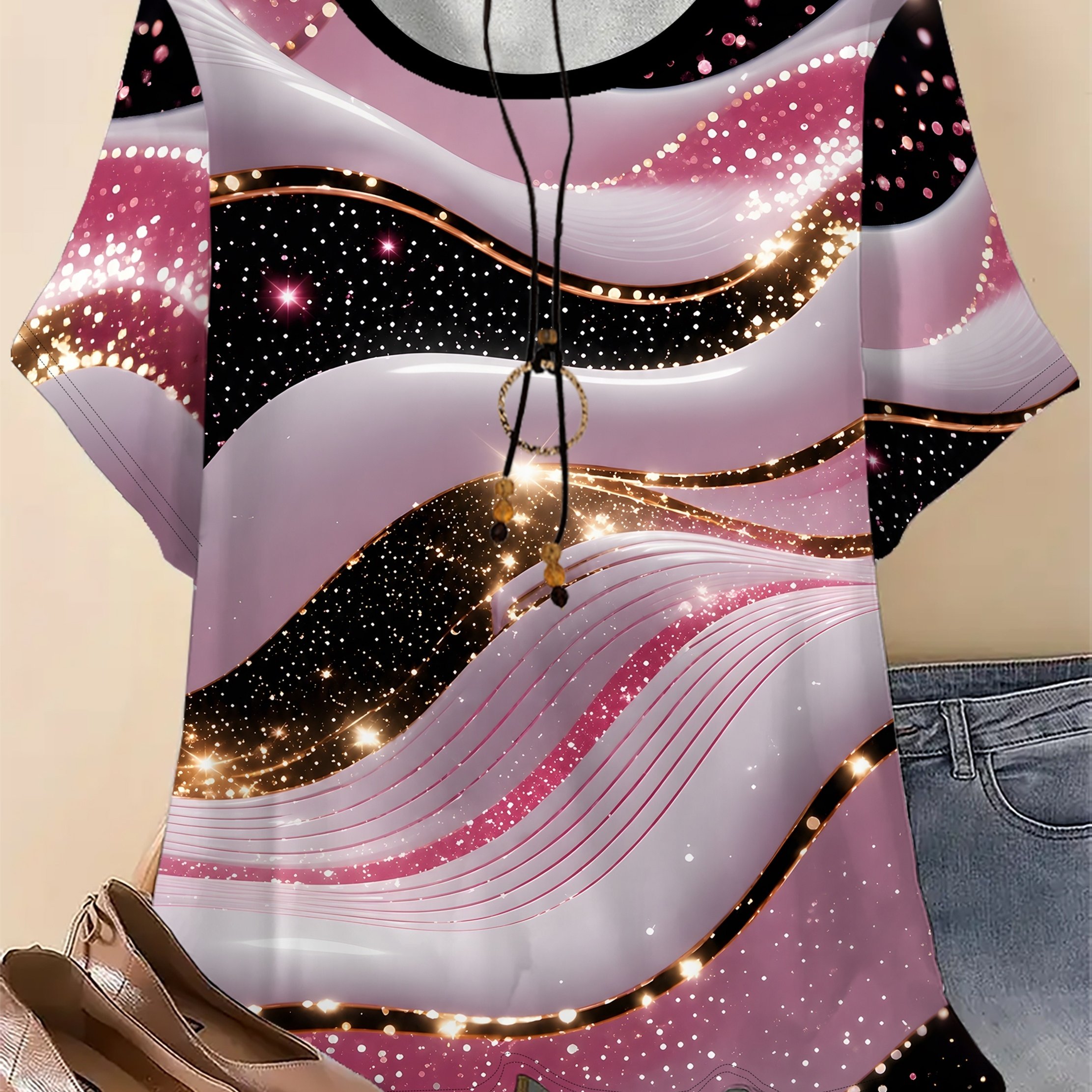 TEMU Plus Size, Women's Plus Size Oversized T-shirt - Pink Purple Abstract Short Sleeve Shirt Style Top | Machine Washable Crew Neck Loose Fit Casual