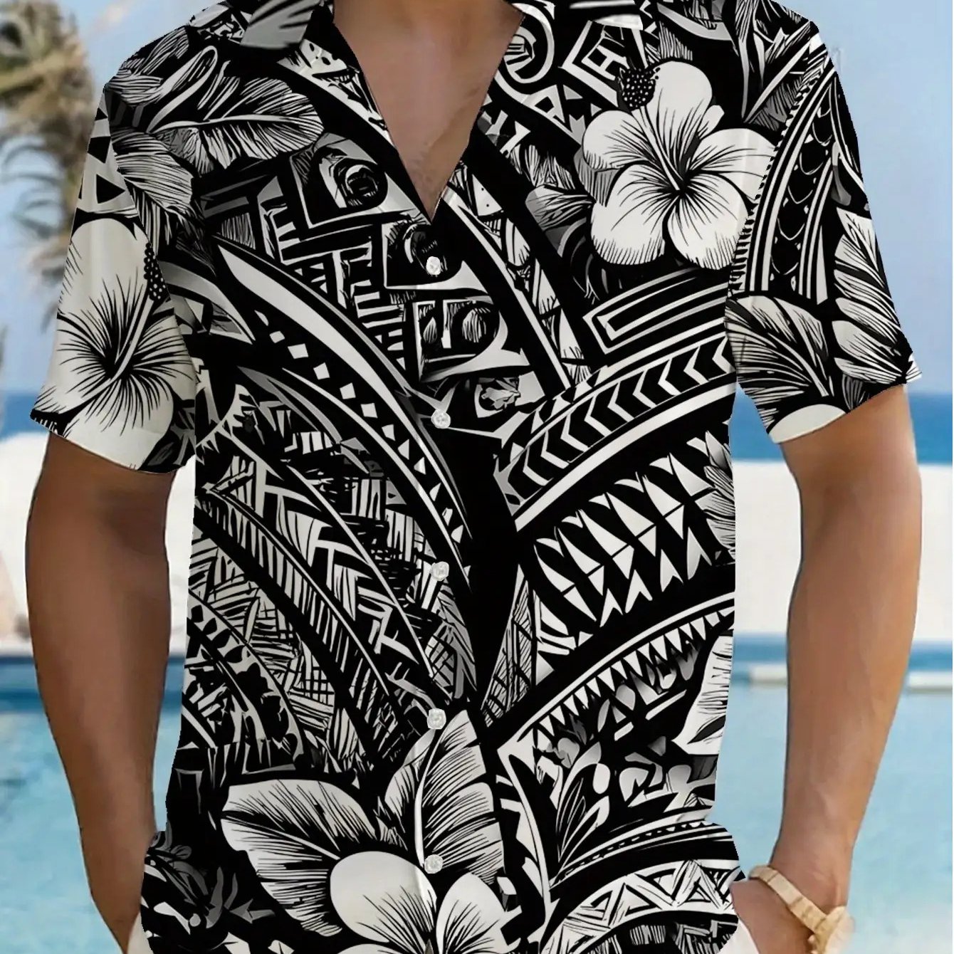 TEMU 1pc Hawaiian Short Sleeve Shirt, Plus Size Men's, Lapel 7-button , Short Sleeve Black Background Black And White Polynesian Tribal Tattoo