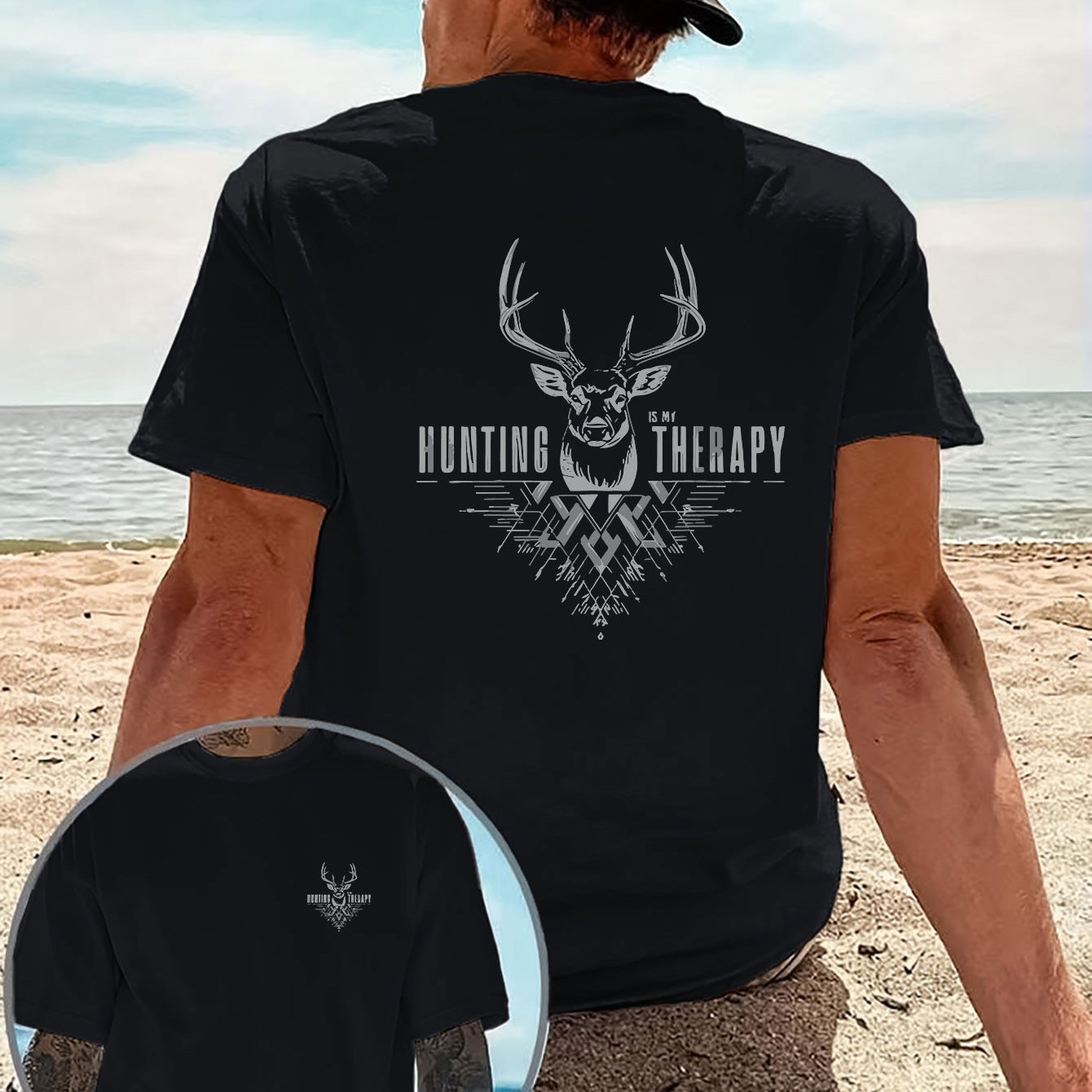 TEMU Men's Hunting Deer Head Print T-shirt - Double-sided Short Sleeve Outdoor Top With Deer Design, Breathable Round Neck Casual Shirt Suitable For