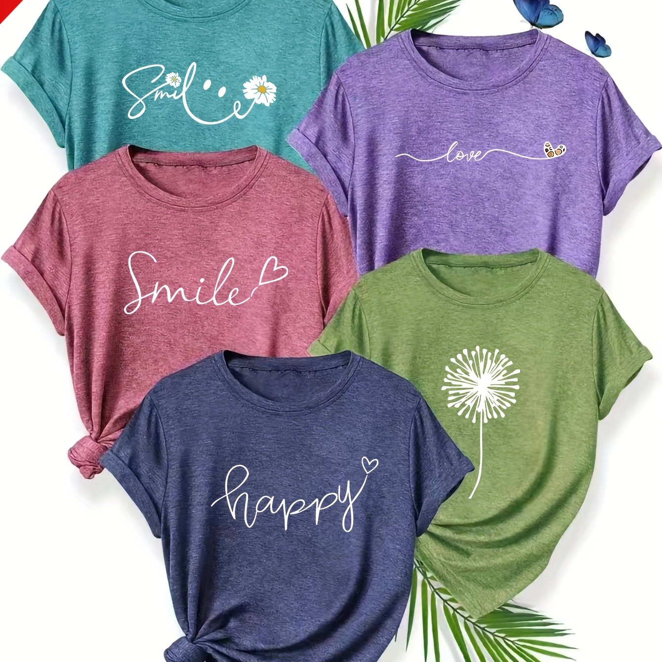 TEMU 5pcs Dandelion Floral Letter Print Women's Sporty Casual Vintage Style T-shirts, Spring/summer Short Sleeve Women's Apparel